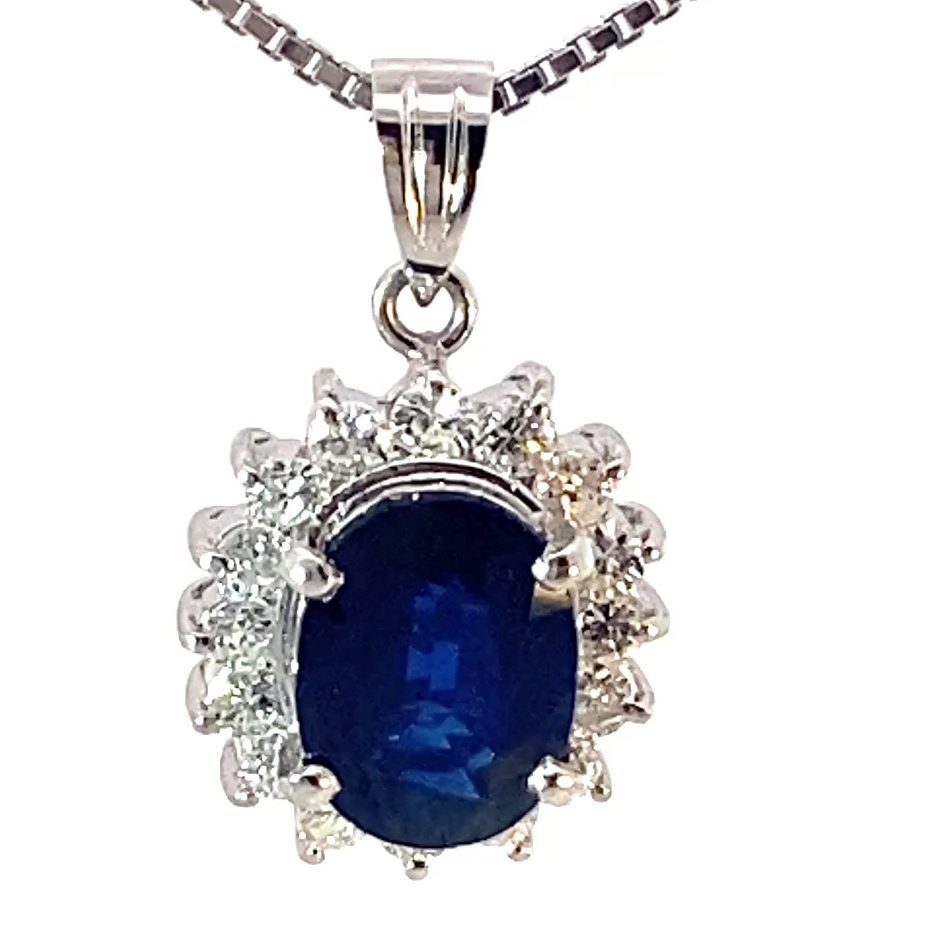 Royal Blue Sapphire Diamond Pendant in 900 Platinum with Chain 2.81 ct 0.73 ct TW-W VS-SI