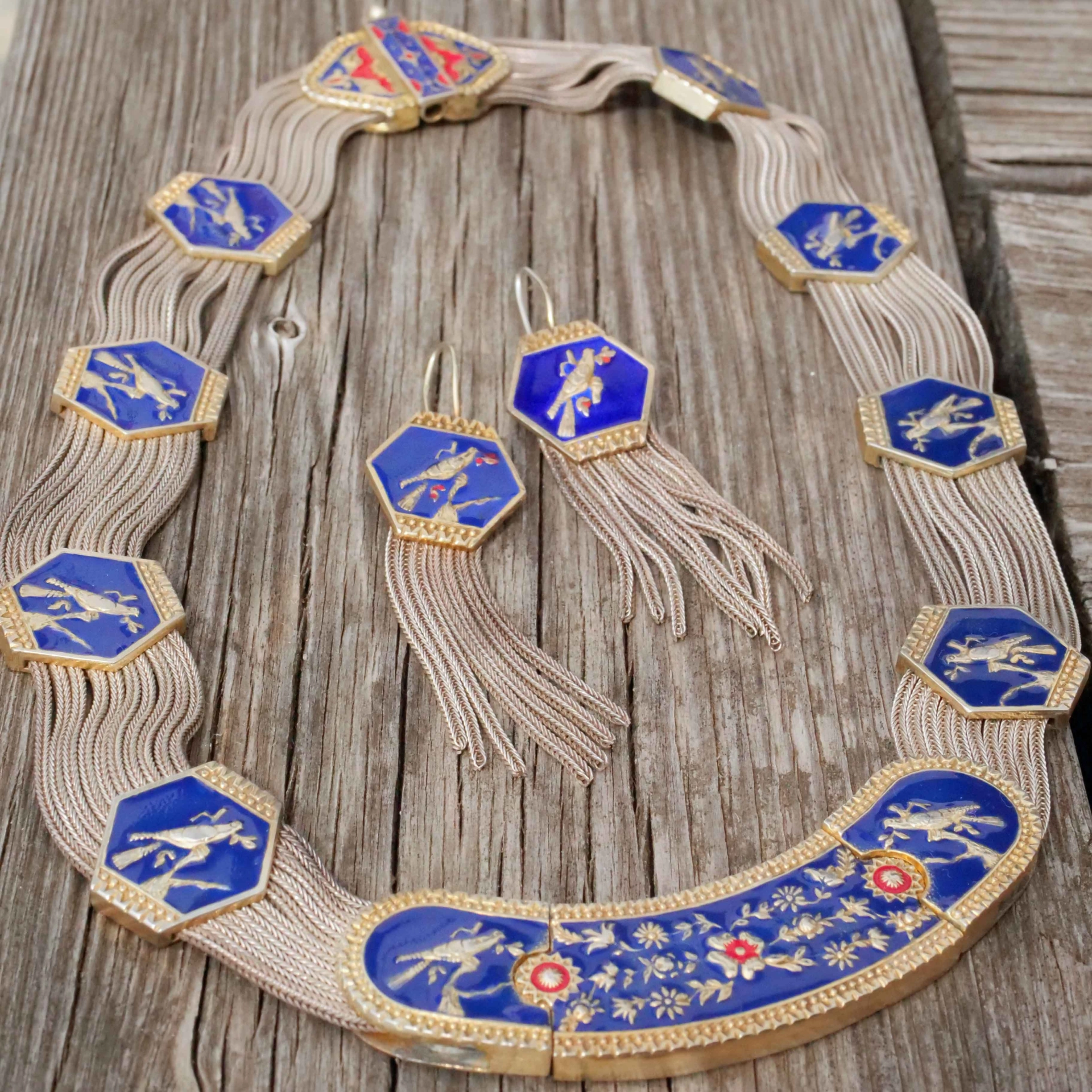 Floral Enamel Necklace and Earrings 925 Silver 160 grams...magnificient