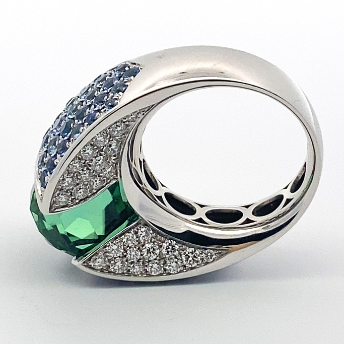 Lagoon Green Turmalin Saphire Brilliant Ring 18kt Whitegold Afghanistan AAA+ 