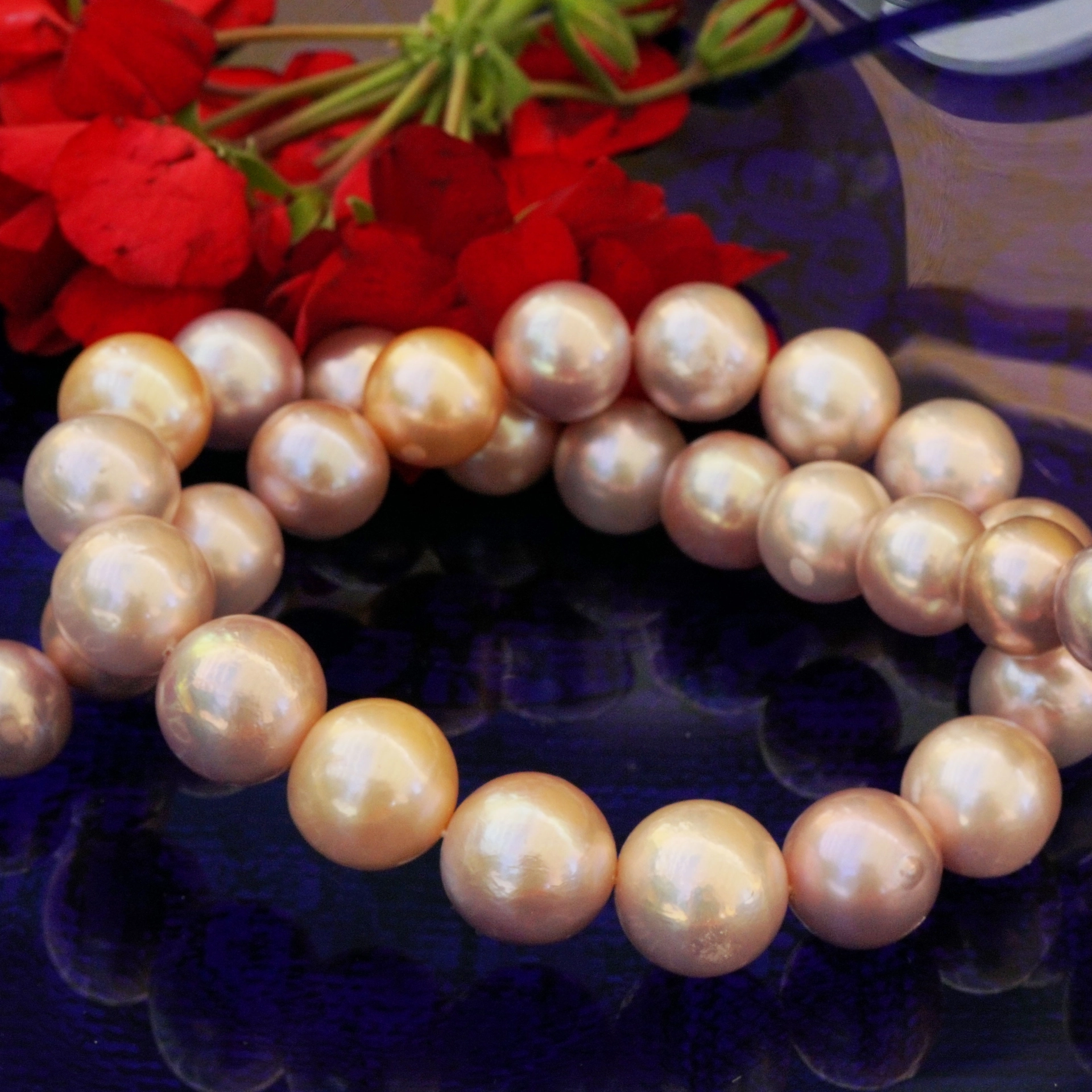 Ming Zuchtperl Collier AAA 13,1-17 mm natur pink-aprikot-rund-l-unrundy