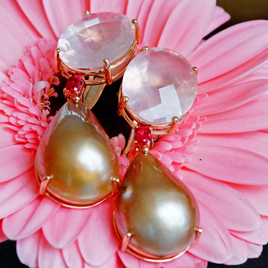 Rosenquarz Spinell Mabeperl Ohrhänger 750er Rosegold