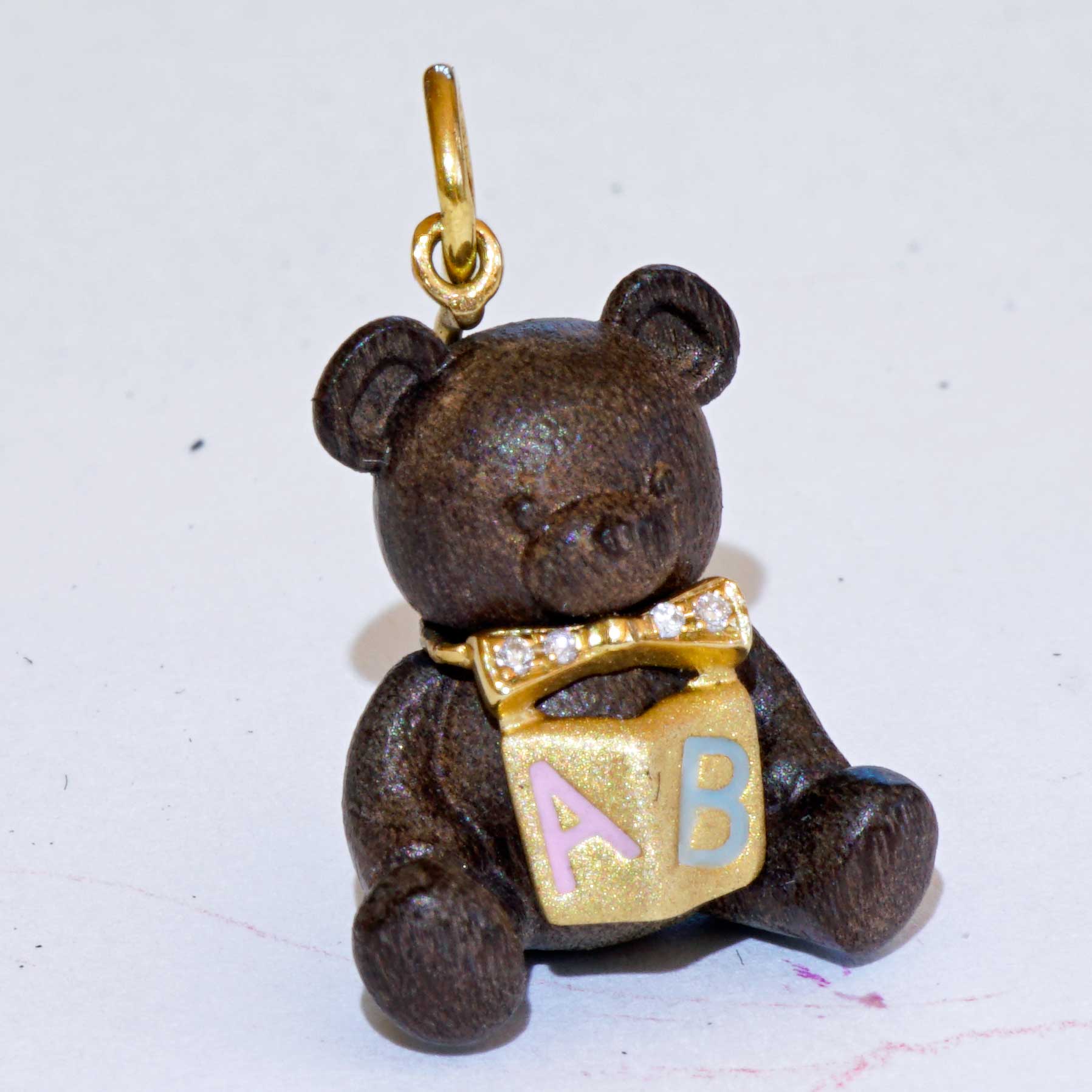 Brilliant Teddy Bear Book Pendant...so cute...18 kt Yellow Gold...precious Wood