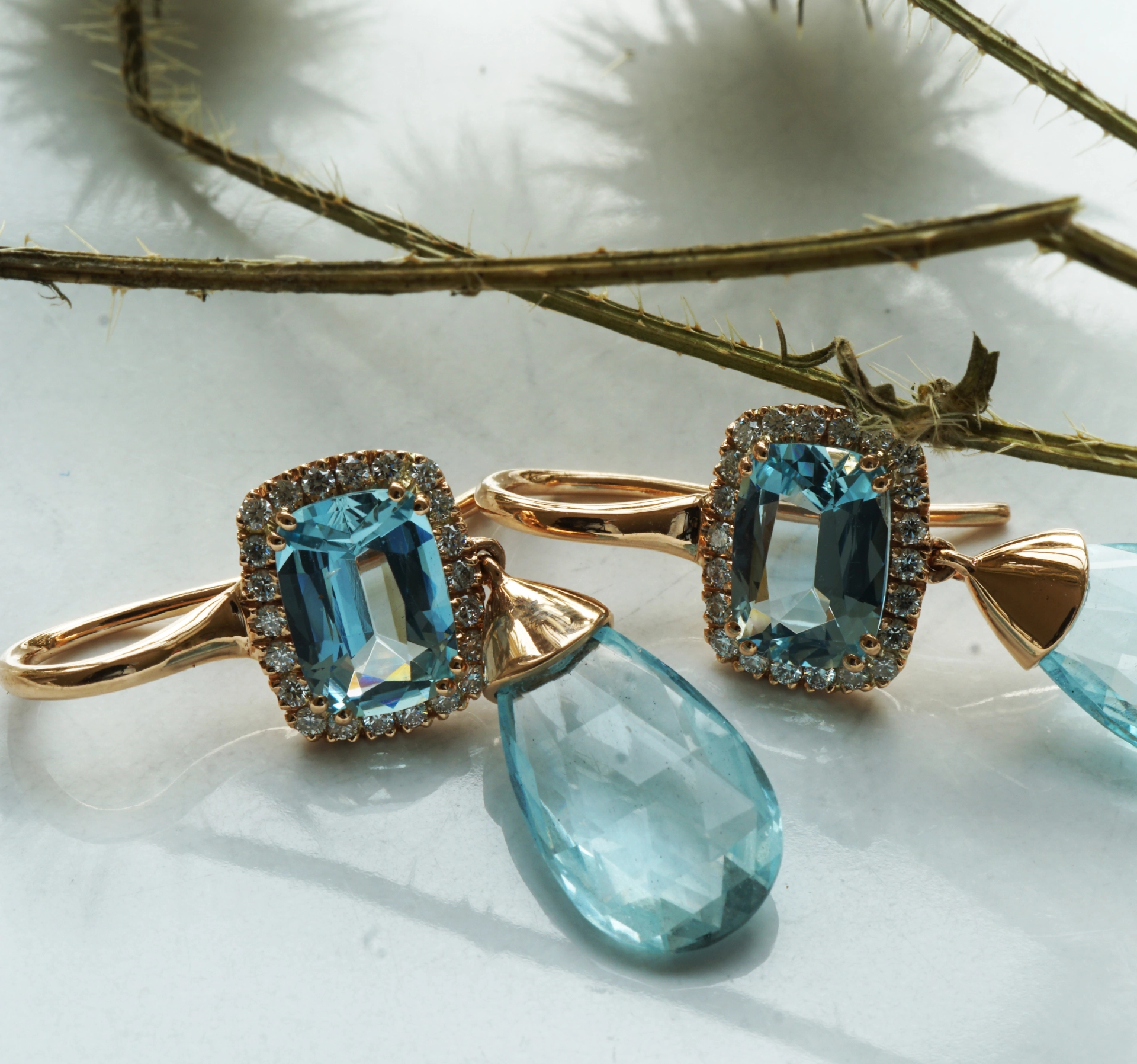 Aquamarin Brillant Ohrhänger 750er Rosegold 7.84 ct designed in Valenza