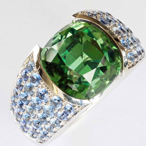 Lagoon Green Turmalin Saphire Brilliant Ring 18kt Whitegold Afghanistan AAA+ 