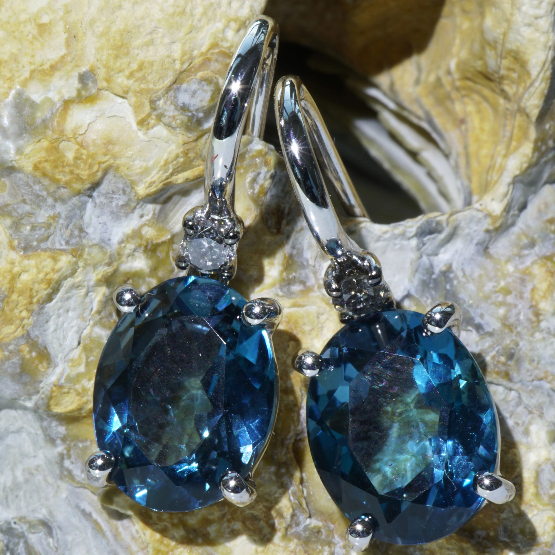 Blue and Grey Color Earrings made in a traditional Goldsmith's Factory in Valenza/Italy Bluetopaz and Diamonds 18kt Whitegold