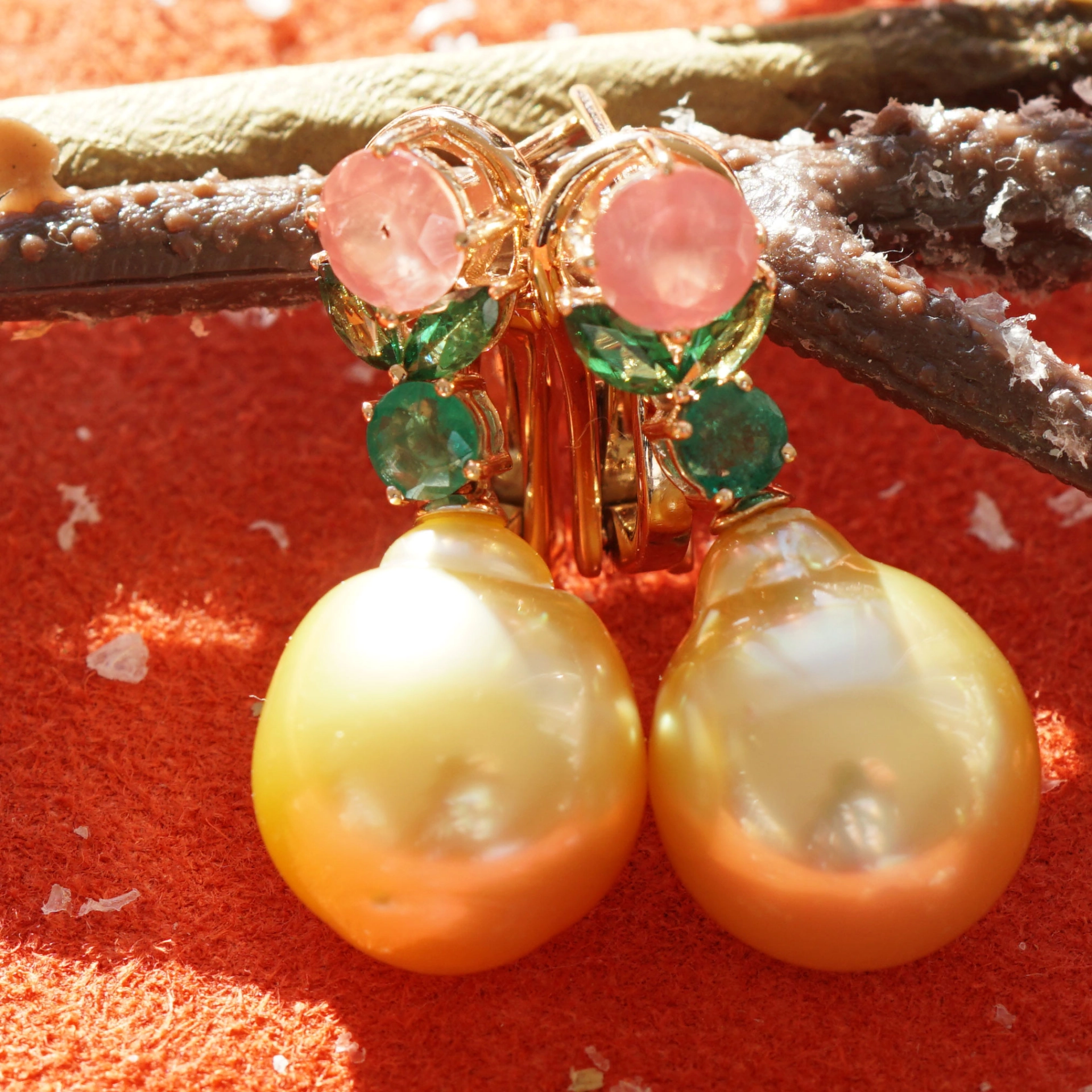 Rhodochrosit Smaragd Demantoid FEEN Ohrhänger mit goldenen Südsee Zuchtperlen 750er Rosegold