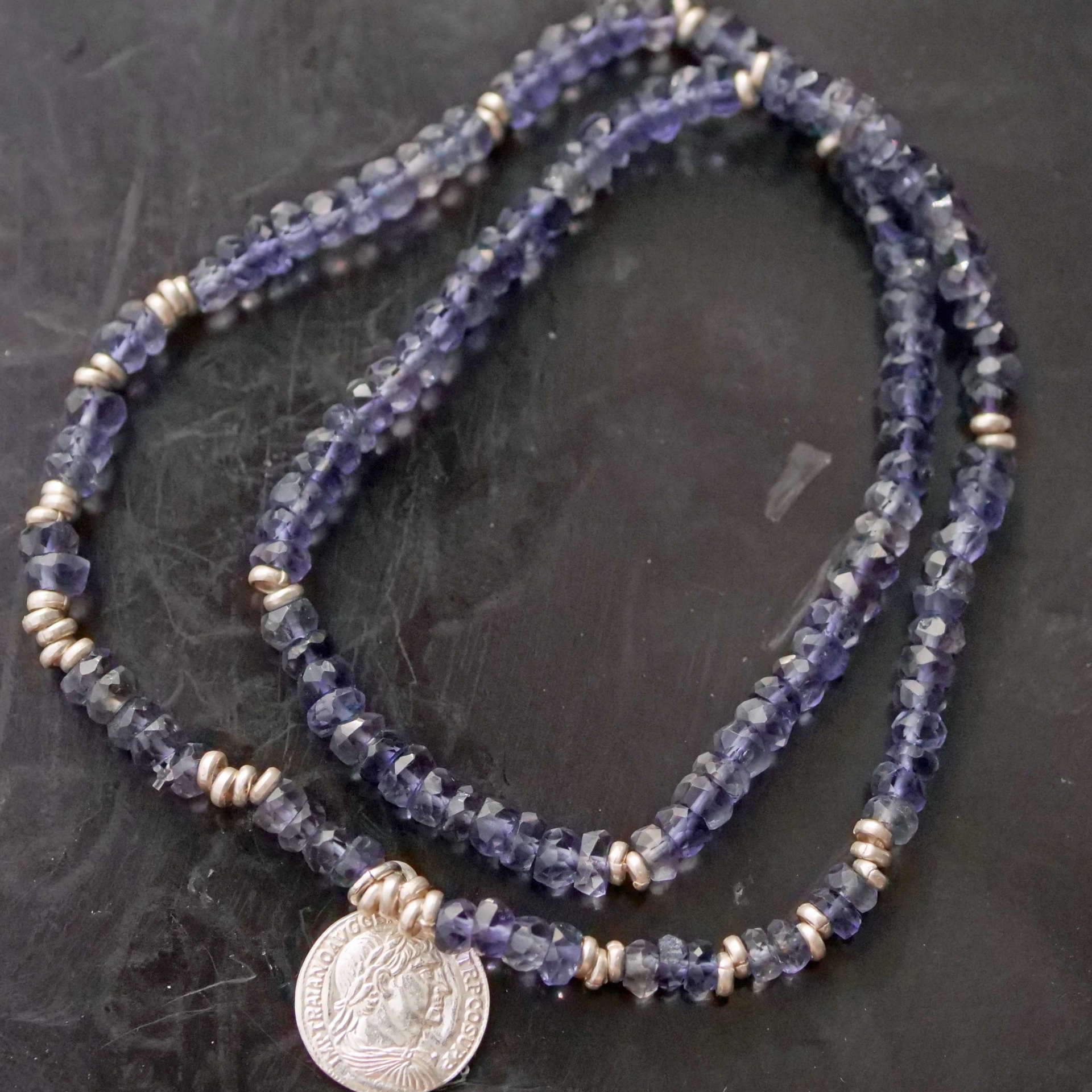 Silver Bracelet 925 Silver with Iolith and Coin Pendant