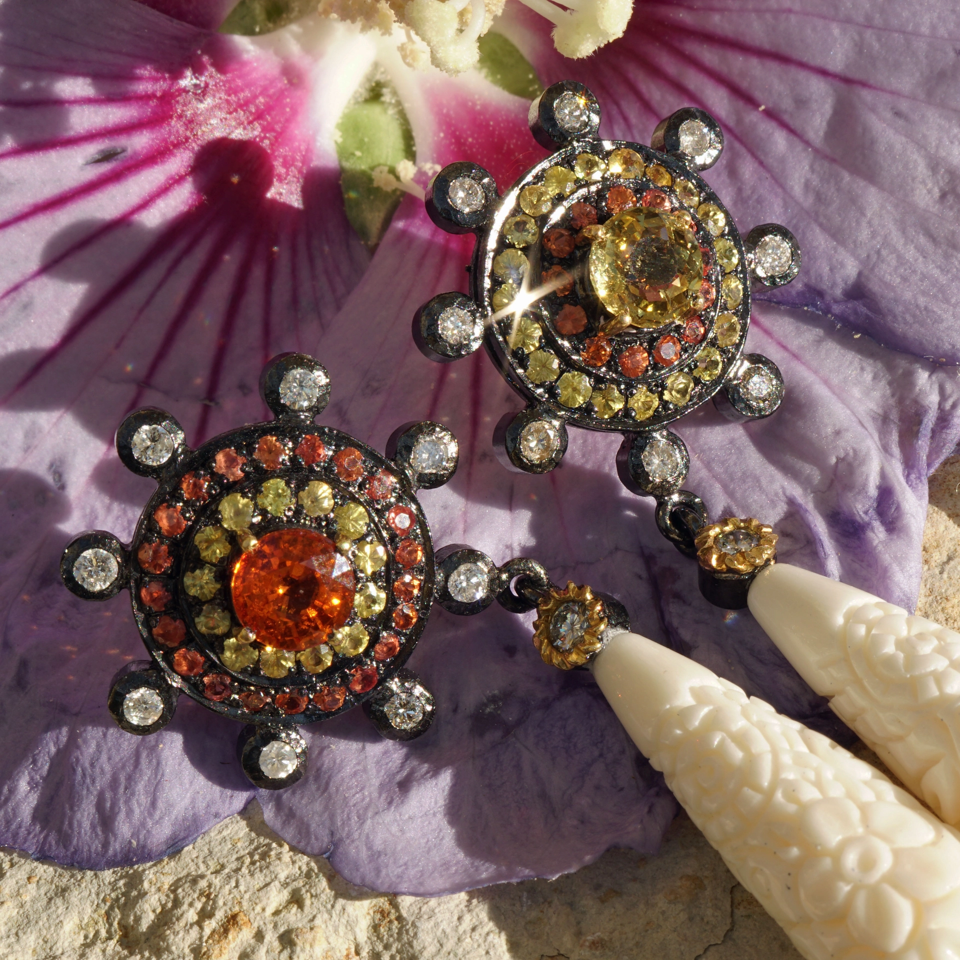 Padparadscha saphire  carved bone magnificent jewelry a thousand and 1 night tale
