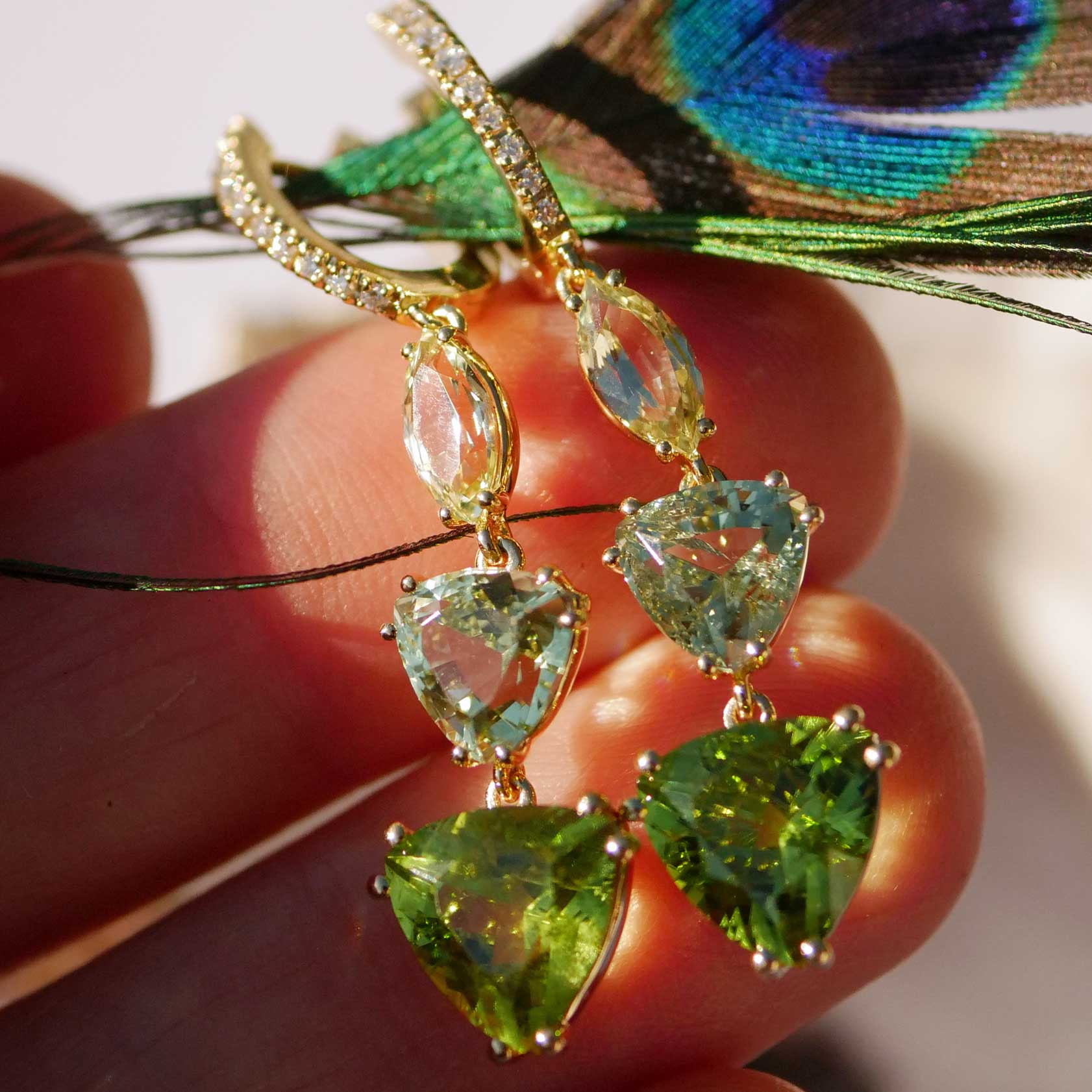 Chrysoberyl Tourmaline Peridot Brilliant Drop Earrings 750 Yellow Gold 10 ct AAA+... unbelievable, fragile play of colours