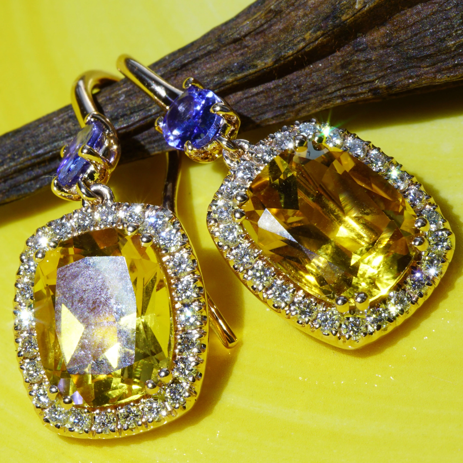 Tanzanite Citrine Earring with Brilliants 18 kt Rose Gold....High Quality Jewellery