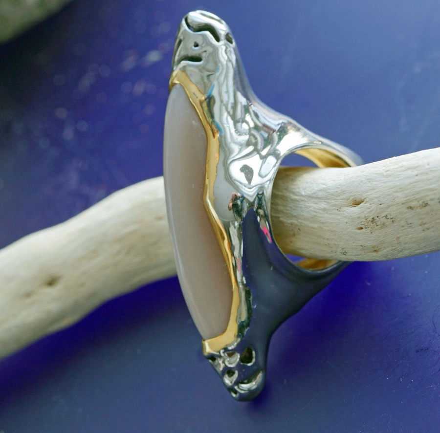 MOONSTONE ring 59 x 20 mm unique XXL Ring to fall in love Silver goldplated