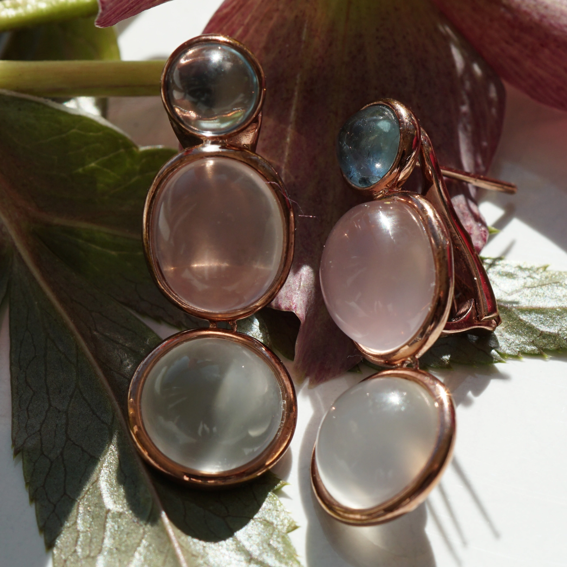 Ohrhänger in 750er Rosegold Mondstein Rosenquarz Aquamarin Fashionfarben