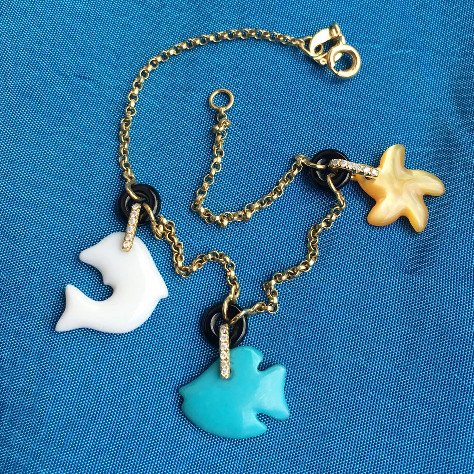 Tricolore-Delphin-Fisch-Seestern-Brillant-Armband-750er-Gelbgold