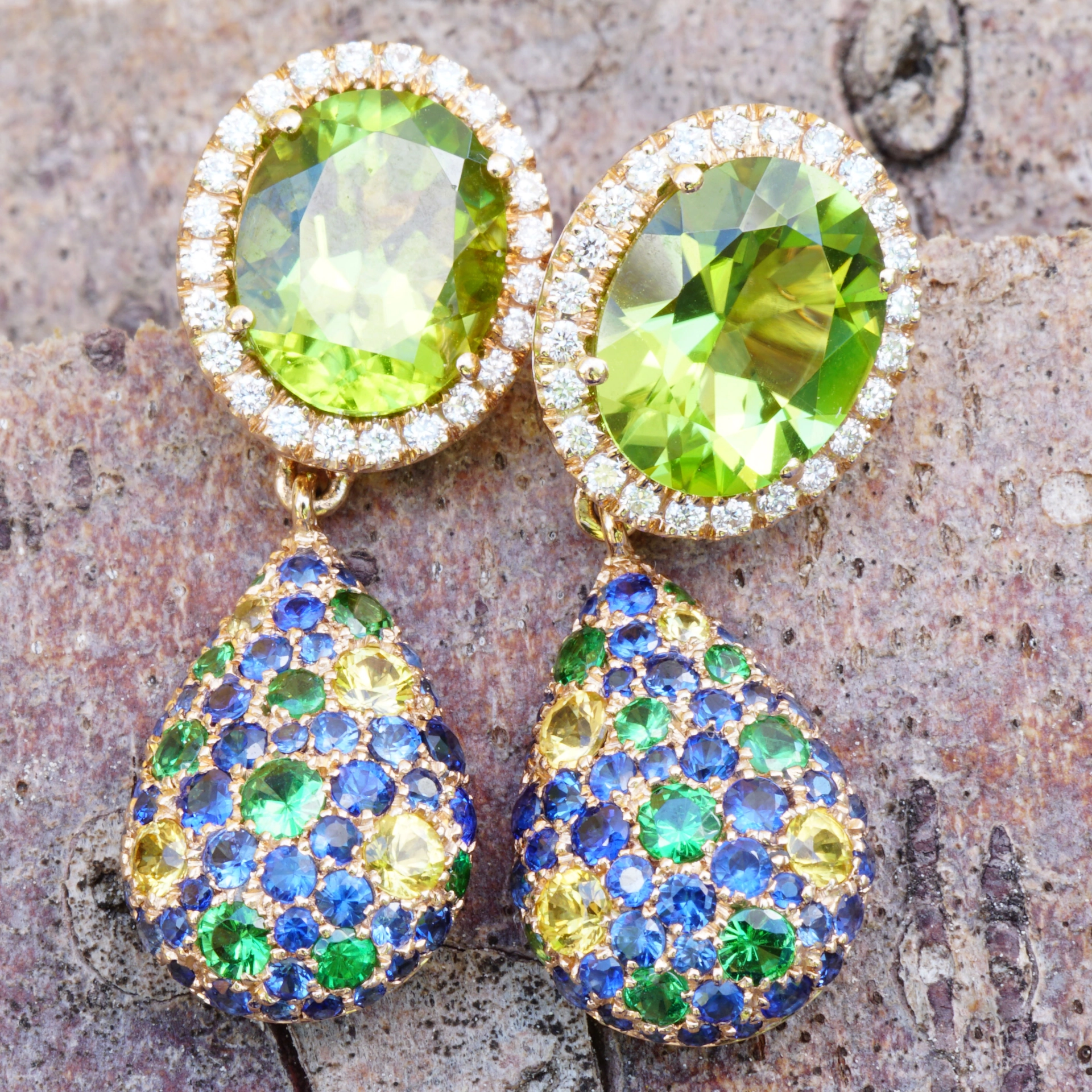 Peridot Saphire Diamond Earrings....18 kt Rose Gold....the most beautiful Color of the Day
