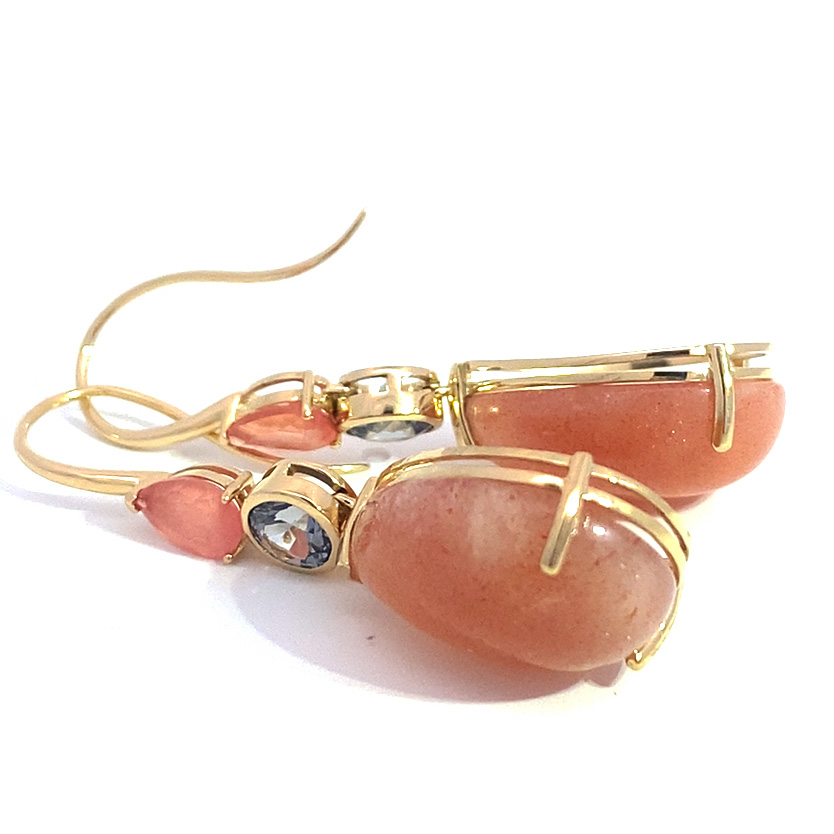 Rhodochrosite Spinel Sunstone Drop Earrings in 585 Yellow Gold... refreshingly different colors in orange and pink