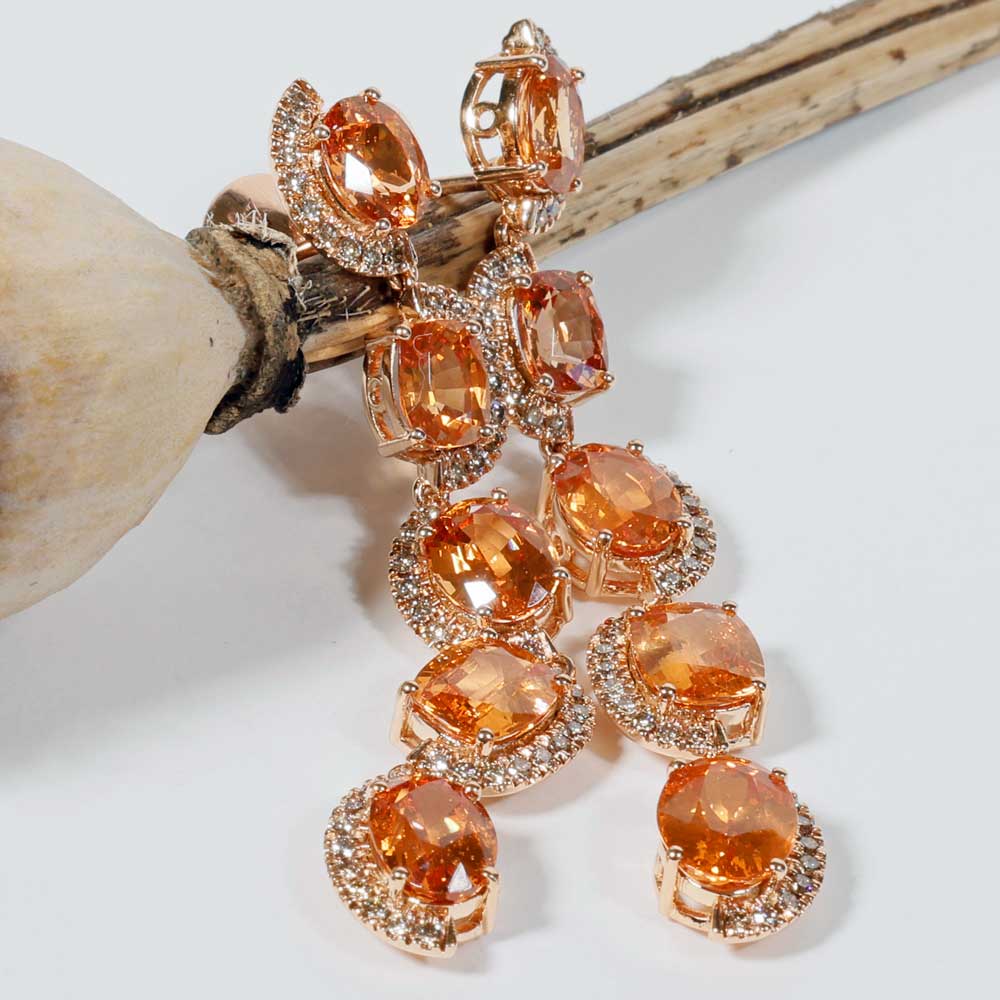 Rare Mandarin Garnet Brilliant Chandelier Dangle Earrings 750 Rose Gold 14.85 ct 0.76 ct Exceptional Color Orange