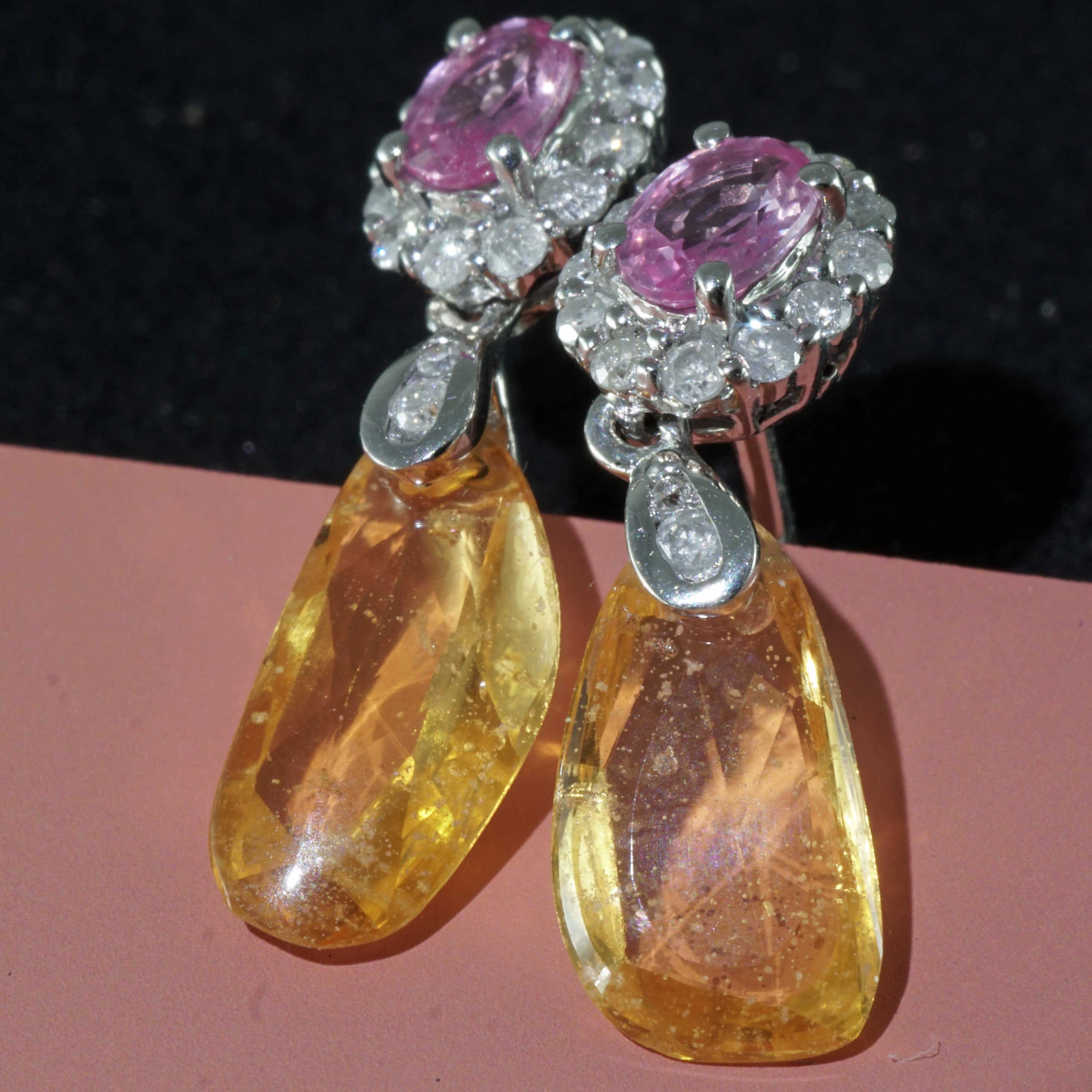 Pink and Yellow Sugarloaf Saphire with Diamond Earrings 18 kt Yellow Gold