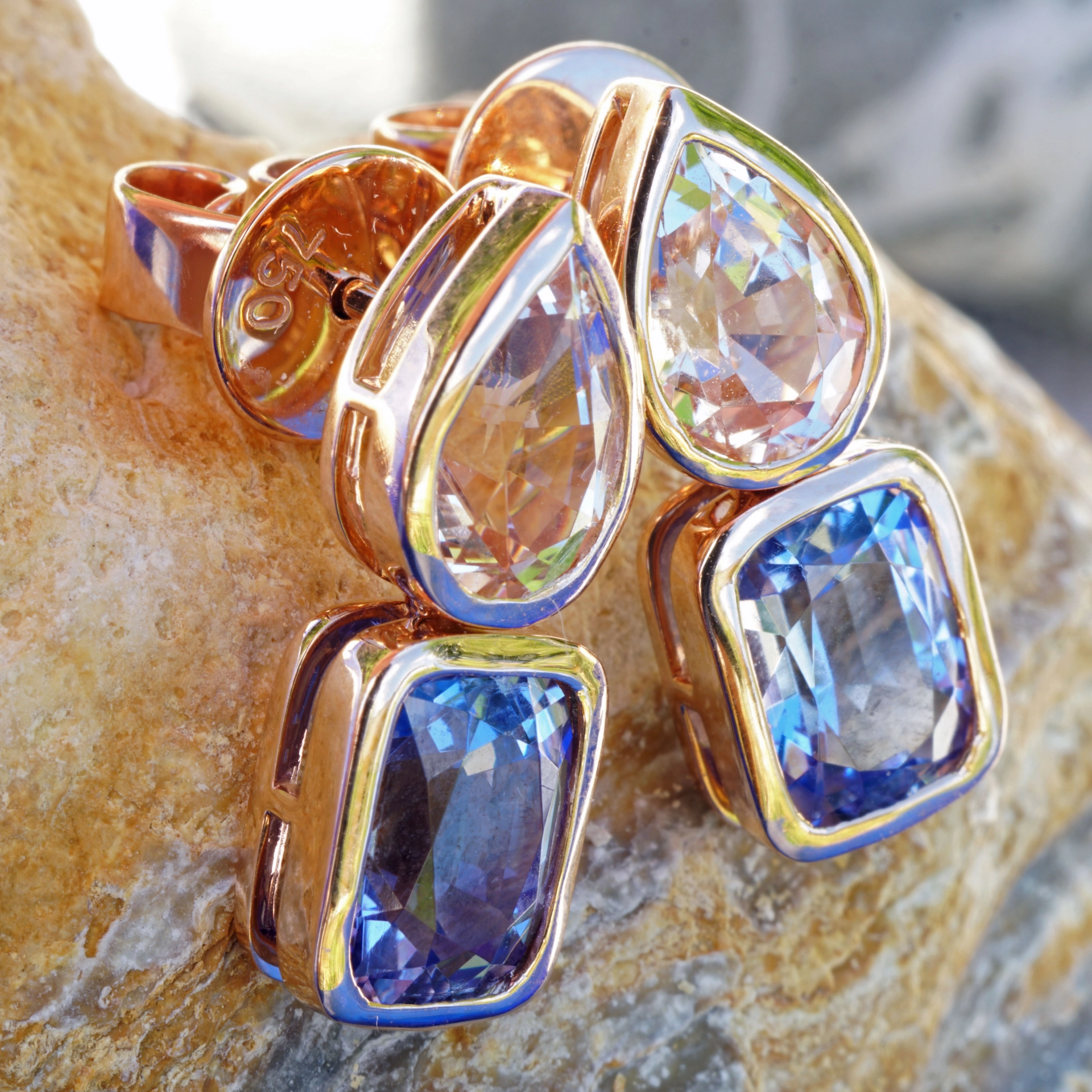 Madagascar meets Tanzania....here we combinated morganite and tansanite, not often seen