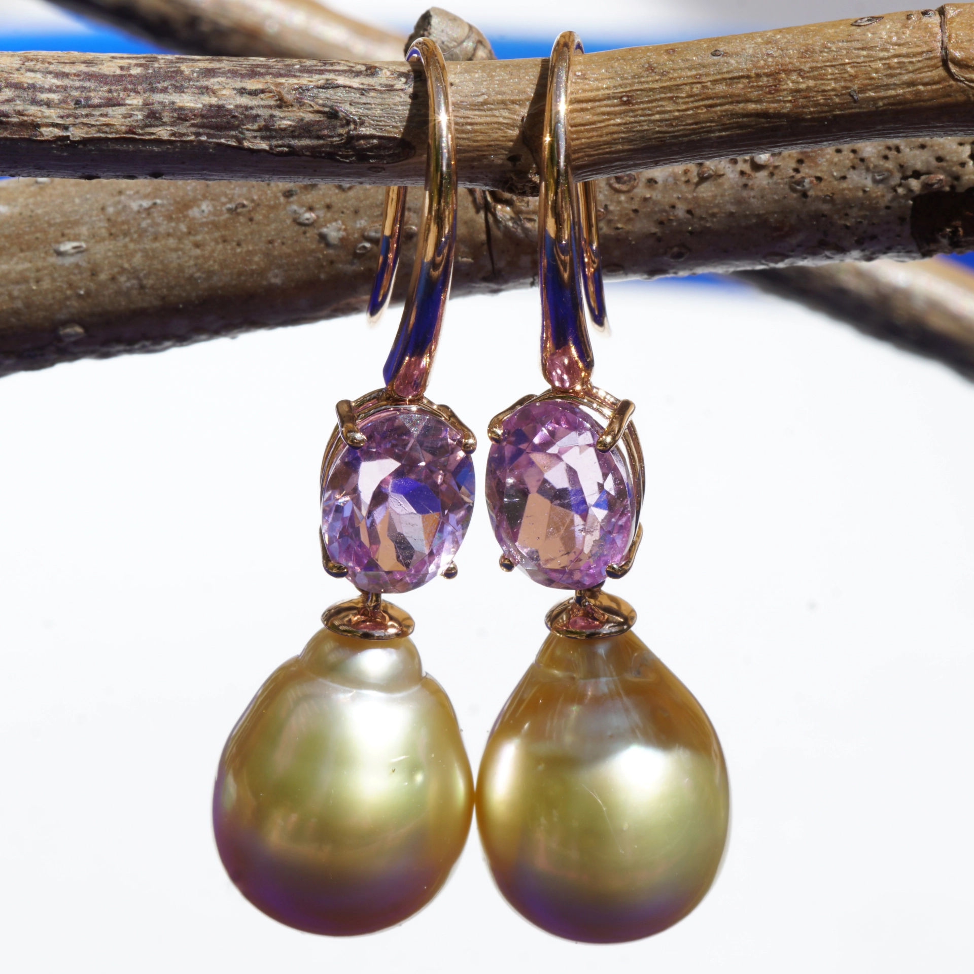 Kunzit Südsee Zuchtperl Ohrhänger AAA Lüster top 750er Rosegold ... es weht ein Frühlingsduft