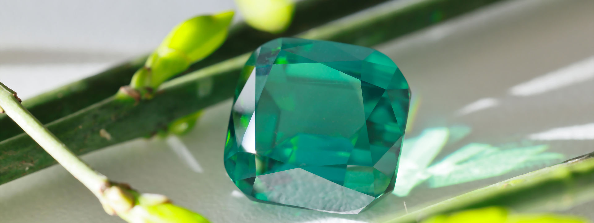 green tourmaline in front of branches with light green buds