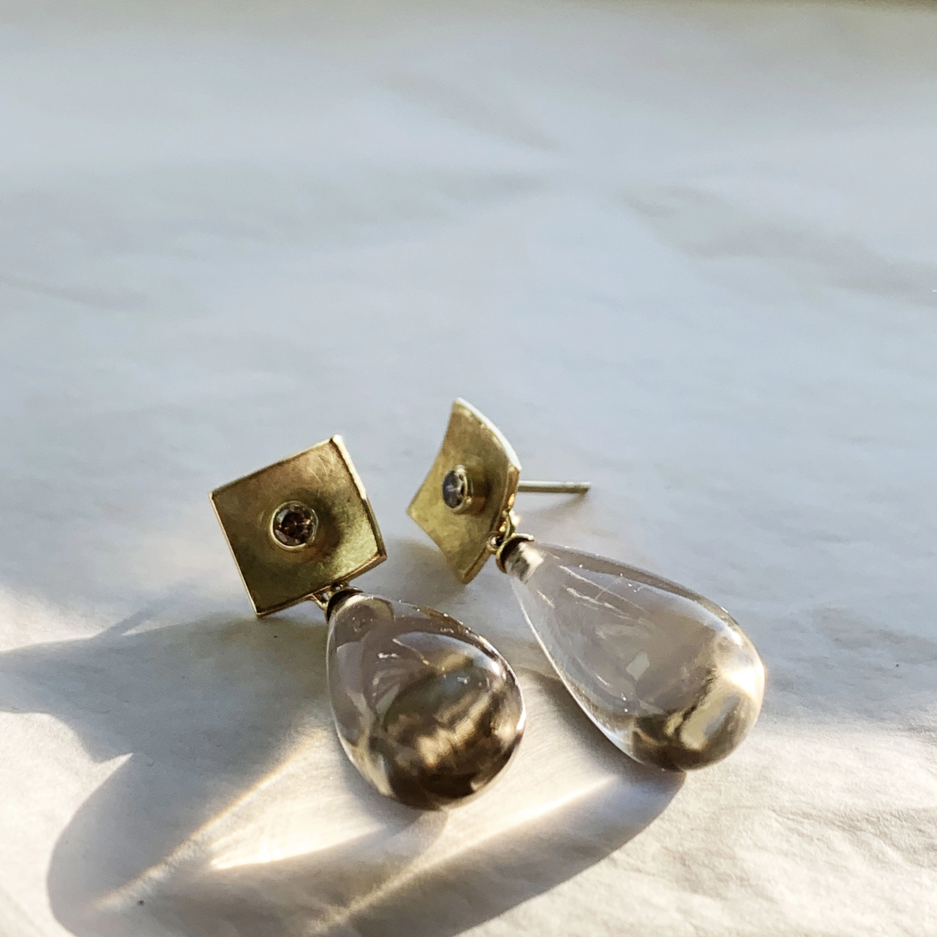 Diamond Smokey Quartz Earrings 14 kt Yellow Gold....handmaded
