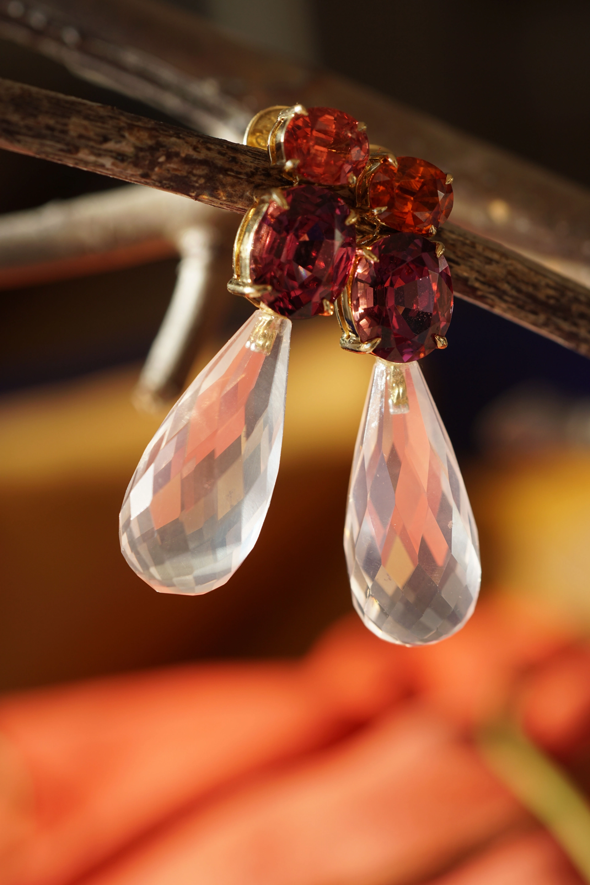 Spinel Rhodolithe Earrings 18 kt Yellow Gold ....magnificent
