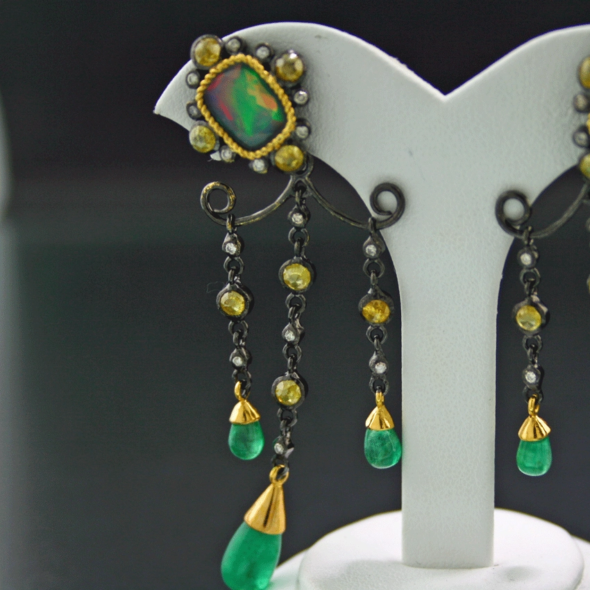 Emerald Opal Diamond Earrings Gold Silver Chandelier Shape....a feast for the Eyes