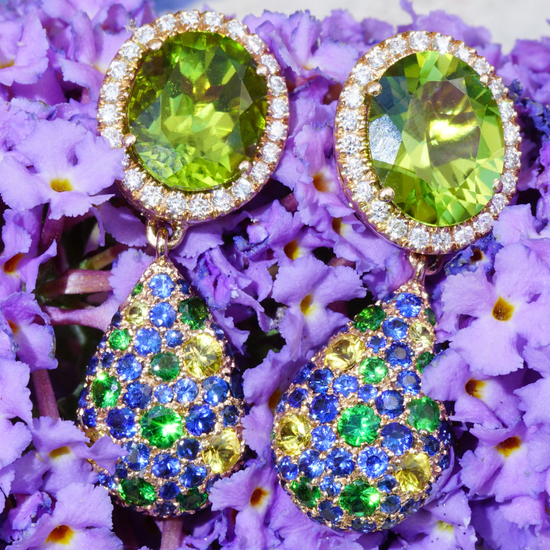 Peridot Saphire Diamond Earrings....18 kt Rose Gold....the most beautiful Color of the Day