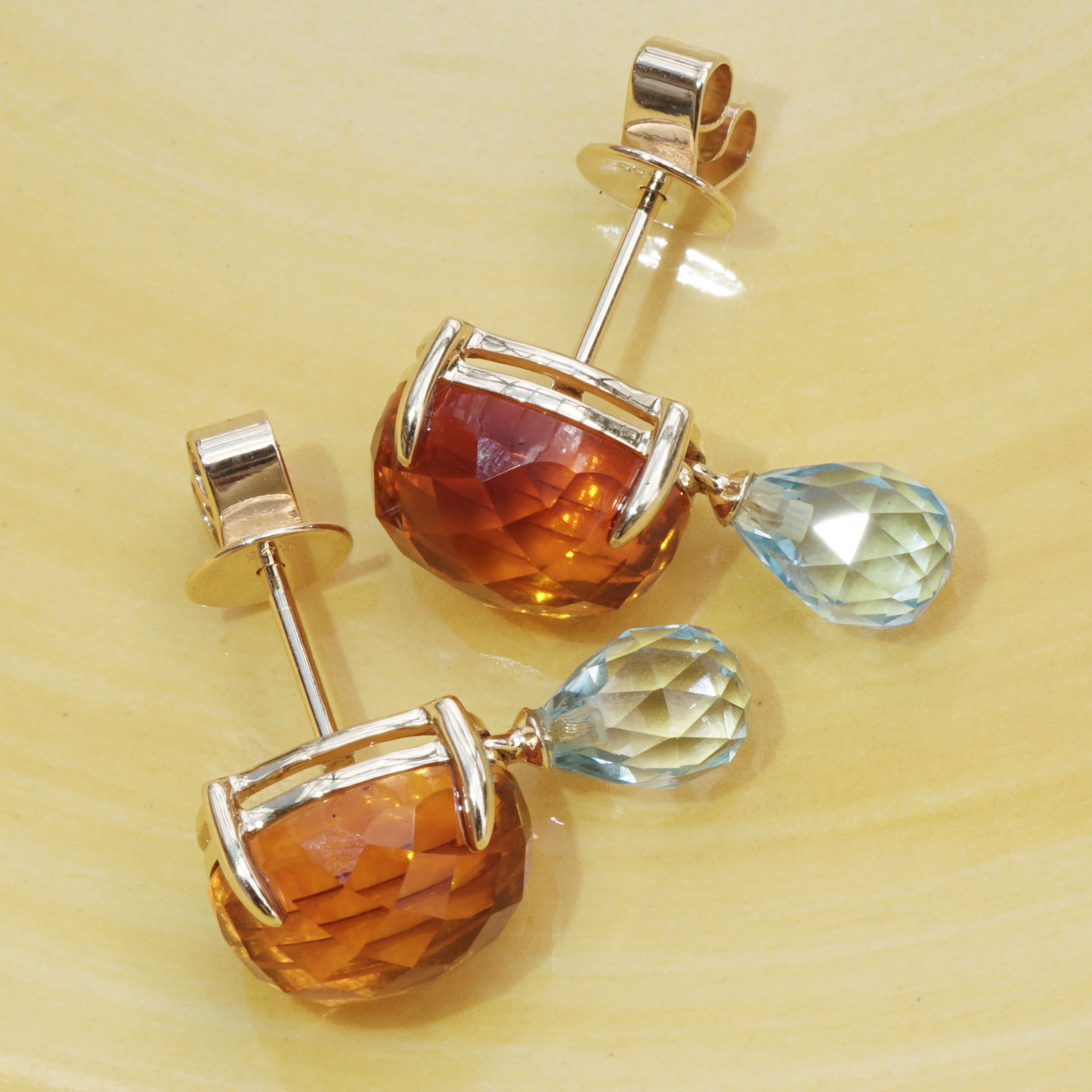 Citrine Blue Topaz Earrings 14 kt Yellowgold....Sky and Sun