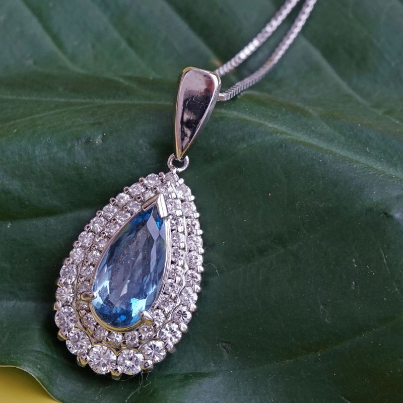 Aquamarin-Brillant-Anhänger-Kette-900er-Platin-1 ct-0.60 ct