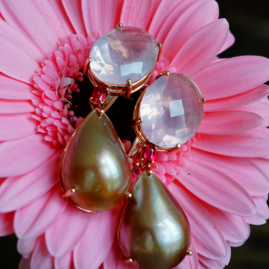 Rosenquarz Spinell Mabeperl Ohrhänger 750er Rosegold