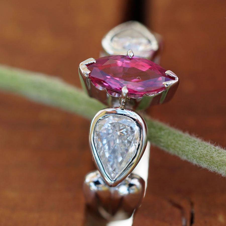 Ruby Brilliant Drop Ring in 900 Platinum AAA 0.96 ct 2x 0.465 ct W flawless