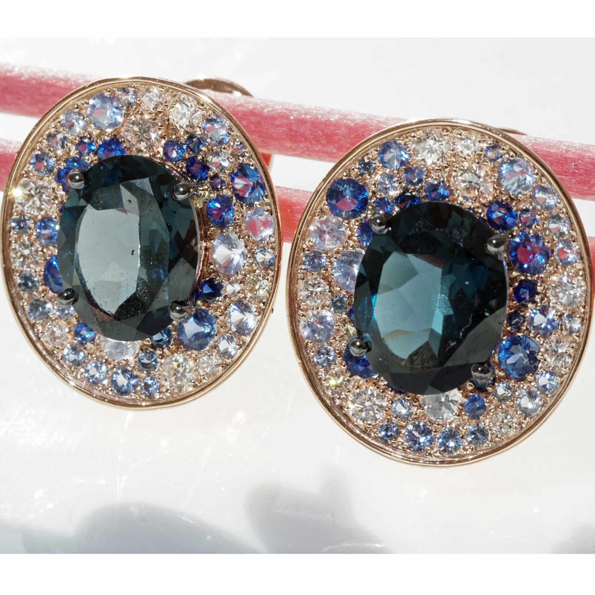 Power of Magic..Rosegold Earstuds in Mystic Blue Colors with Saphire and Diamonds