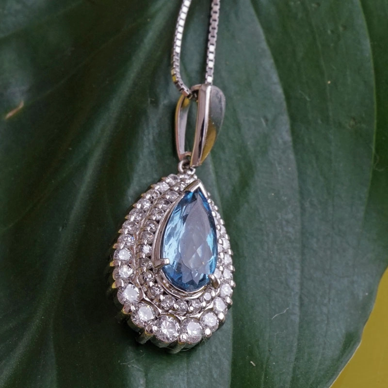 Aquamarin-Brillant-Anhänger-Kette-900er-Platin-1 ct-0.60 ct