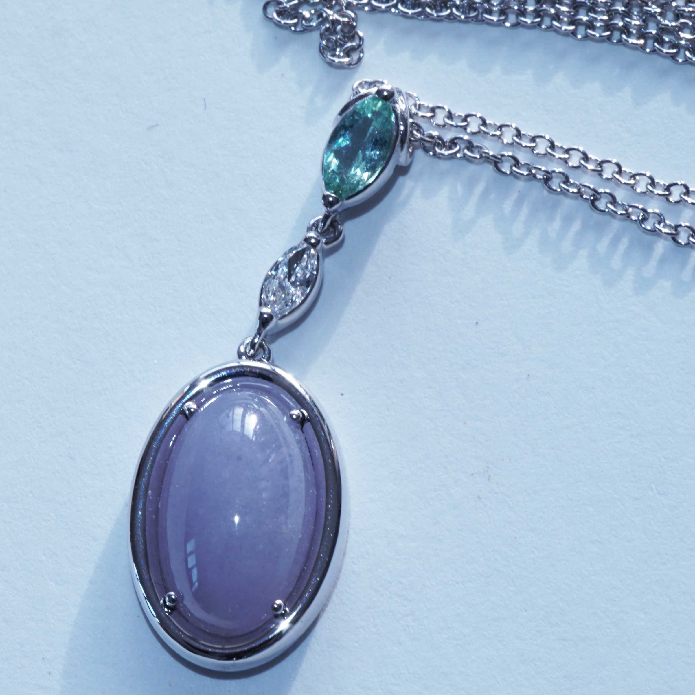 Paraiba Tourmaline Jade Brilliant Necklace 5 ct 0.27 ct 0.11 lavender combined with swimming poolteal... Exciting