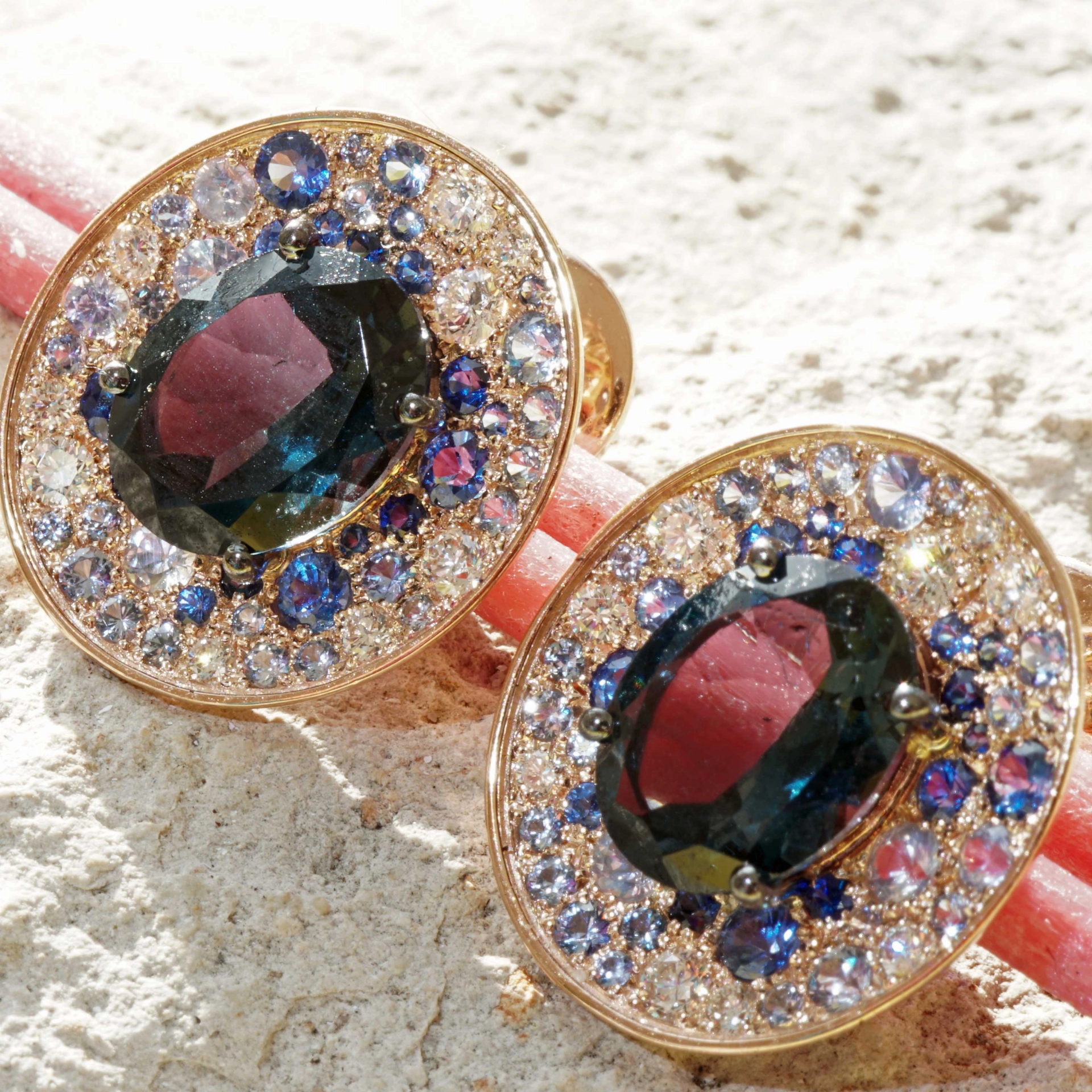 Power of Magic..Rosegold Earstuds in Mystic Blue Colors with Saphire and Diamonds
