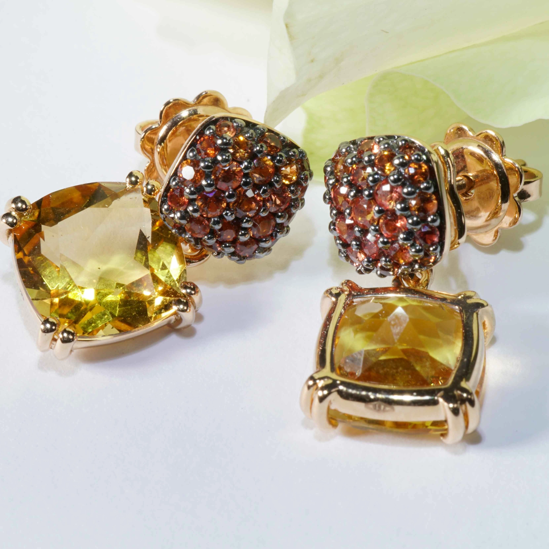 Yellow Citrin and orange Saphire Rosegold Earrings....stunning Kombination 