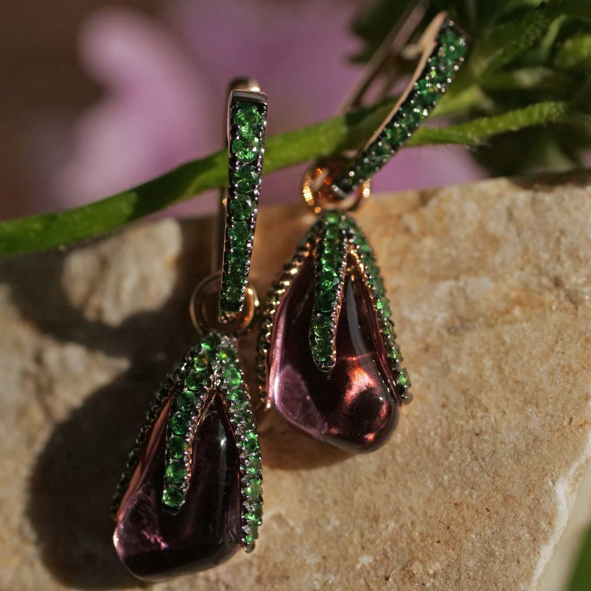 Amethyst Tsavorith Dangle Earrings 750 Rose Gold Fancy Special 5.5 ct 0.79 ct