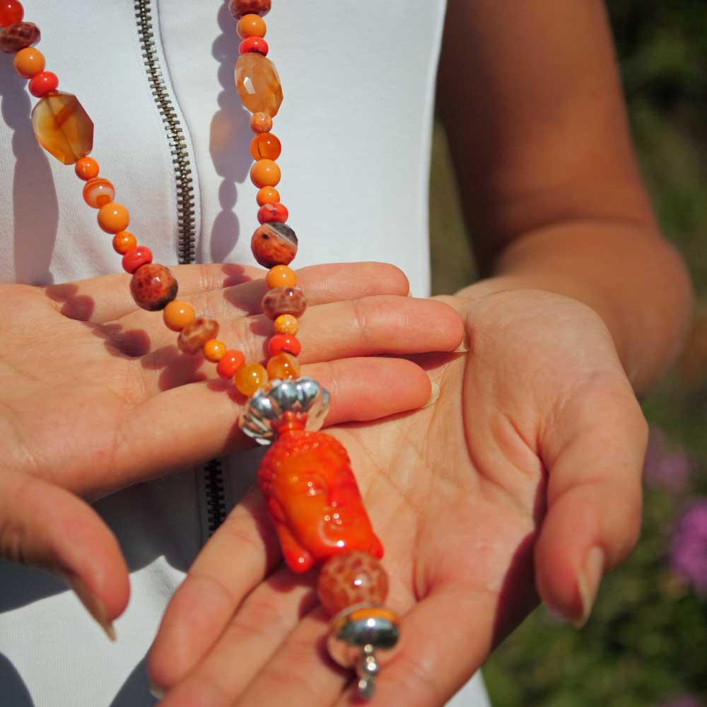 Chilango Foam Coral Buddha Head Carnelian Jasper Chain in 100 cm Length 925 Silver Versatile Colors