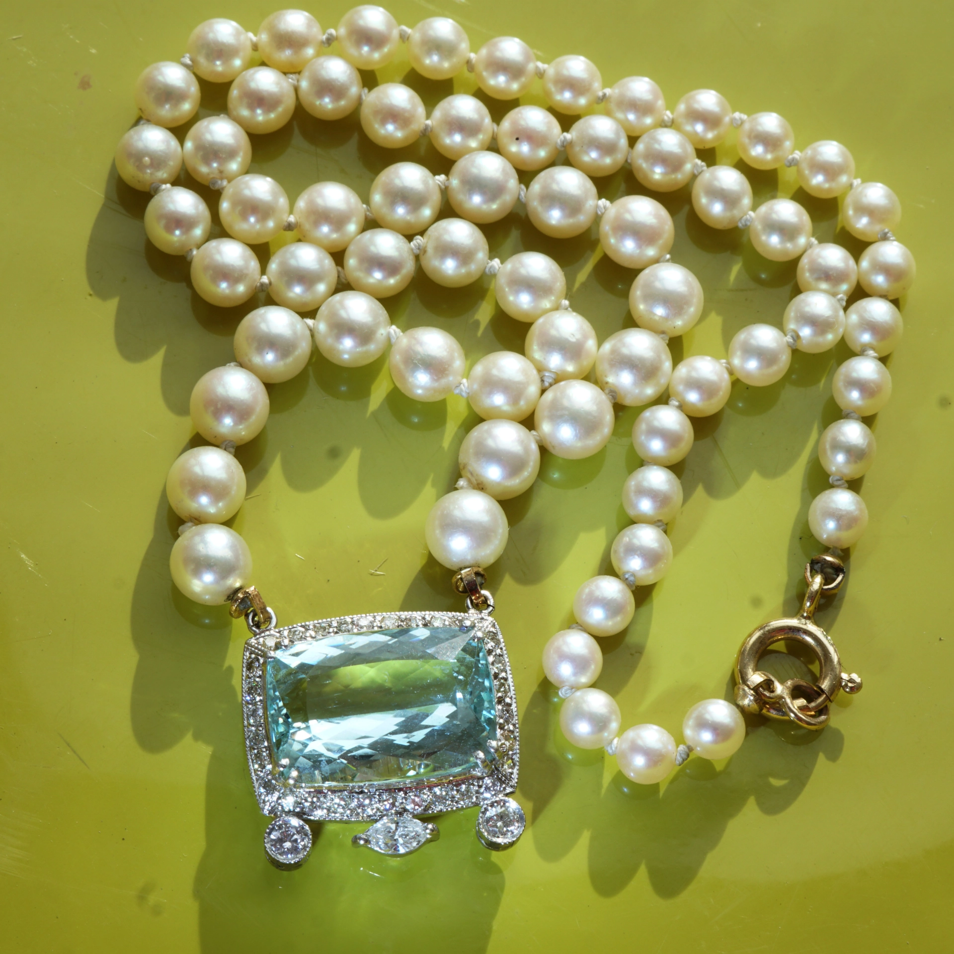 Topaz Brilliant Diamond Navette Necklace 750 White Gold fine Akoya pearls...festive