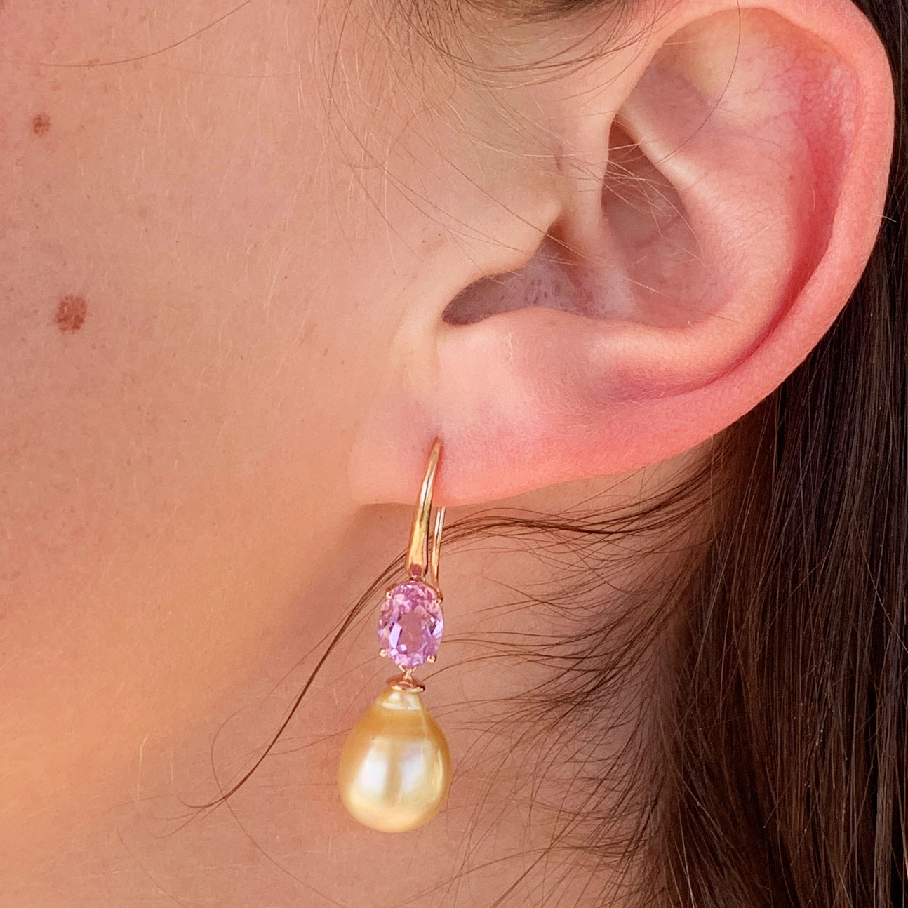 Kunzit Südsee Zuchtperl Ohrhänger AAA Lüster top 750er Rosegold ... es weht ein Frühlingsduft