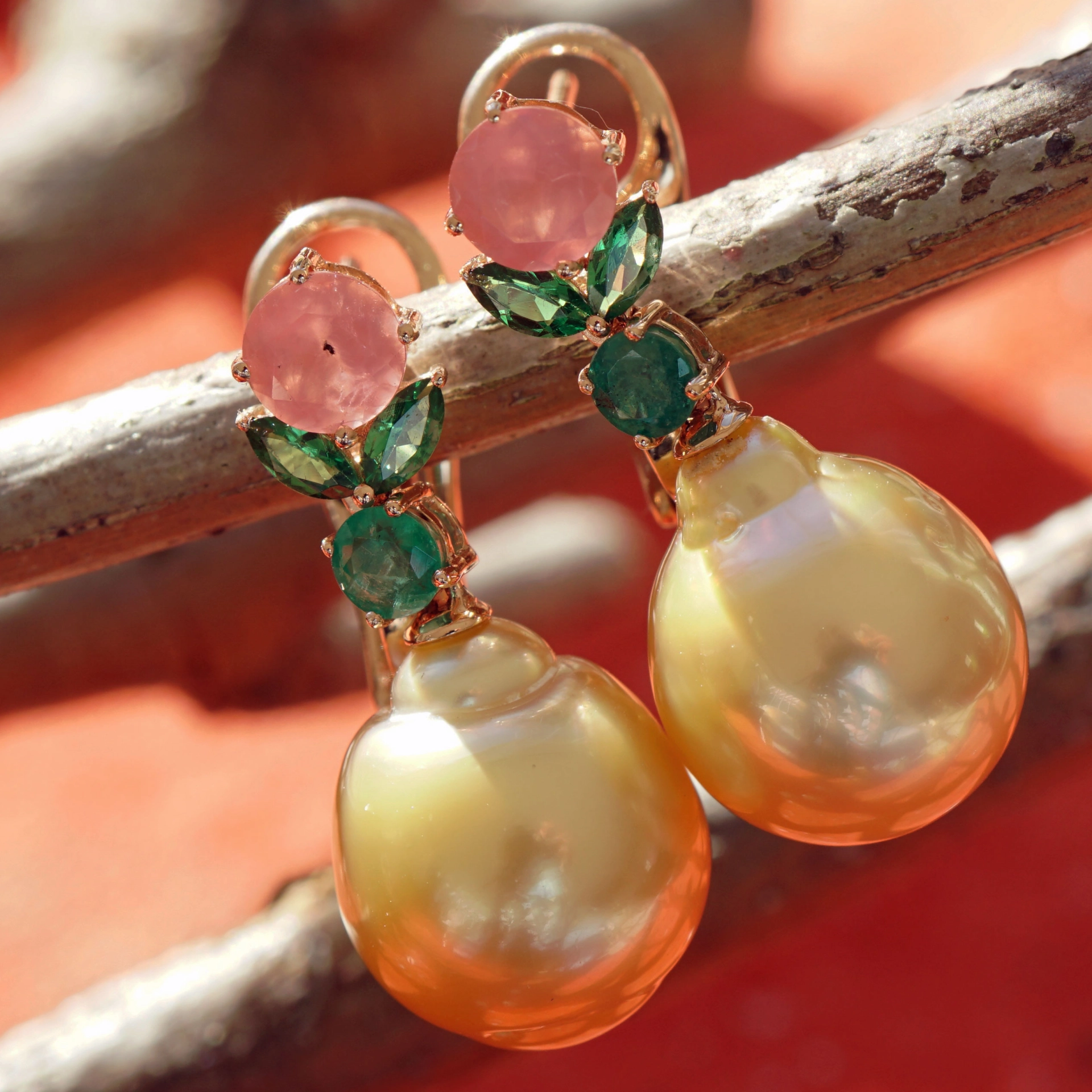 Rhodochrosit Smaragd Demantoid FEEN Ohrhänger mit goldenen Südsee Zuchtperlen 750er Rosegold