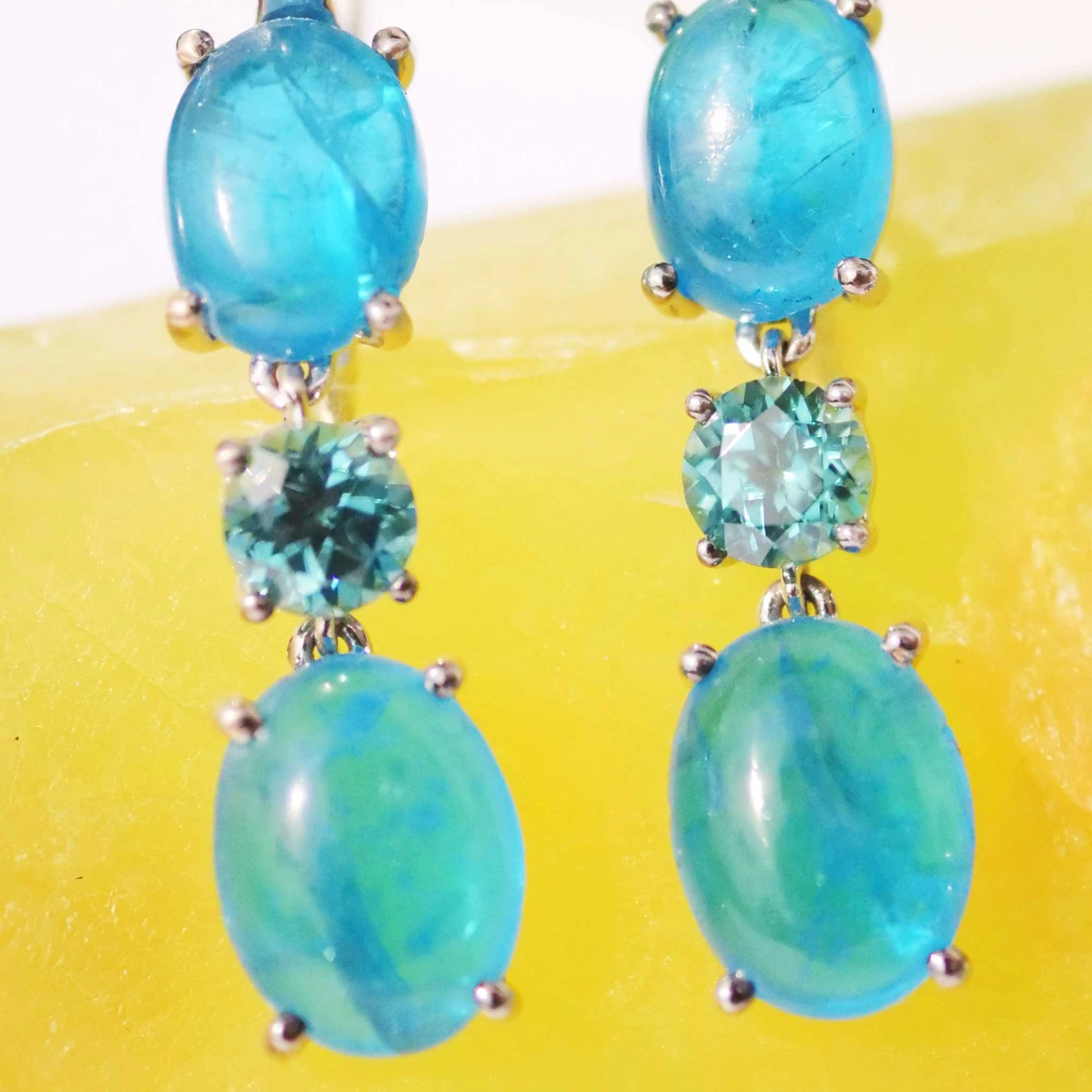 Earrings NEON Colors Apatite and blue Zircon 18 kt White Gold....great Setting made in Italy
