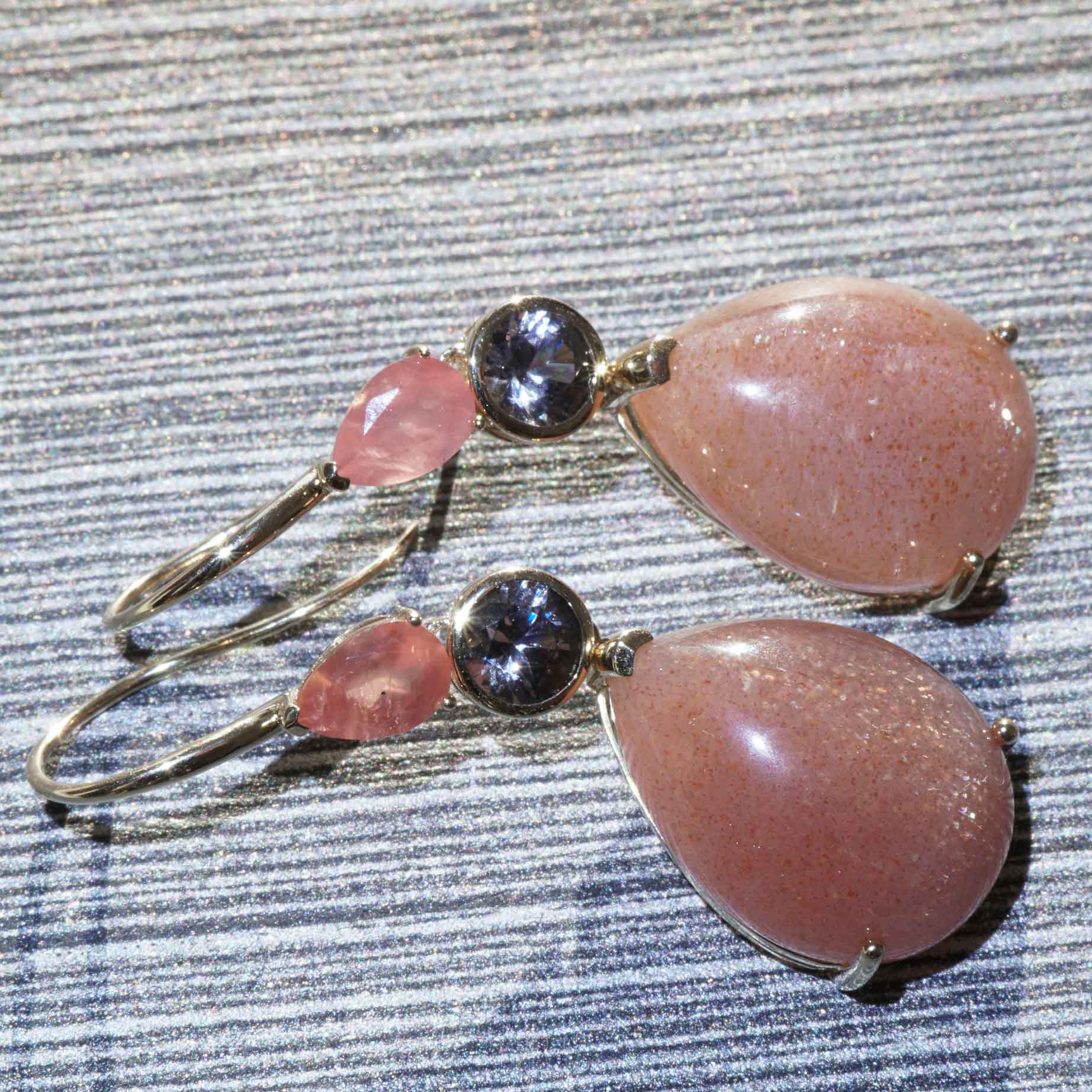 Rhodochrosite Spinel Sunstone Drop Earrings in 585 Yellow Gold... refreshingly different colors in orange and pink