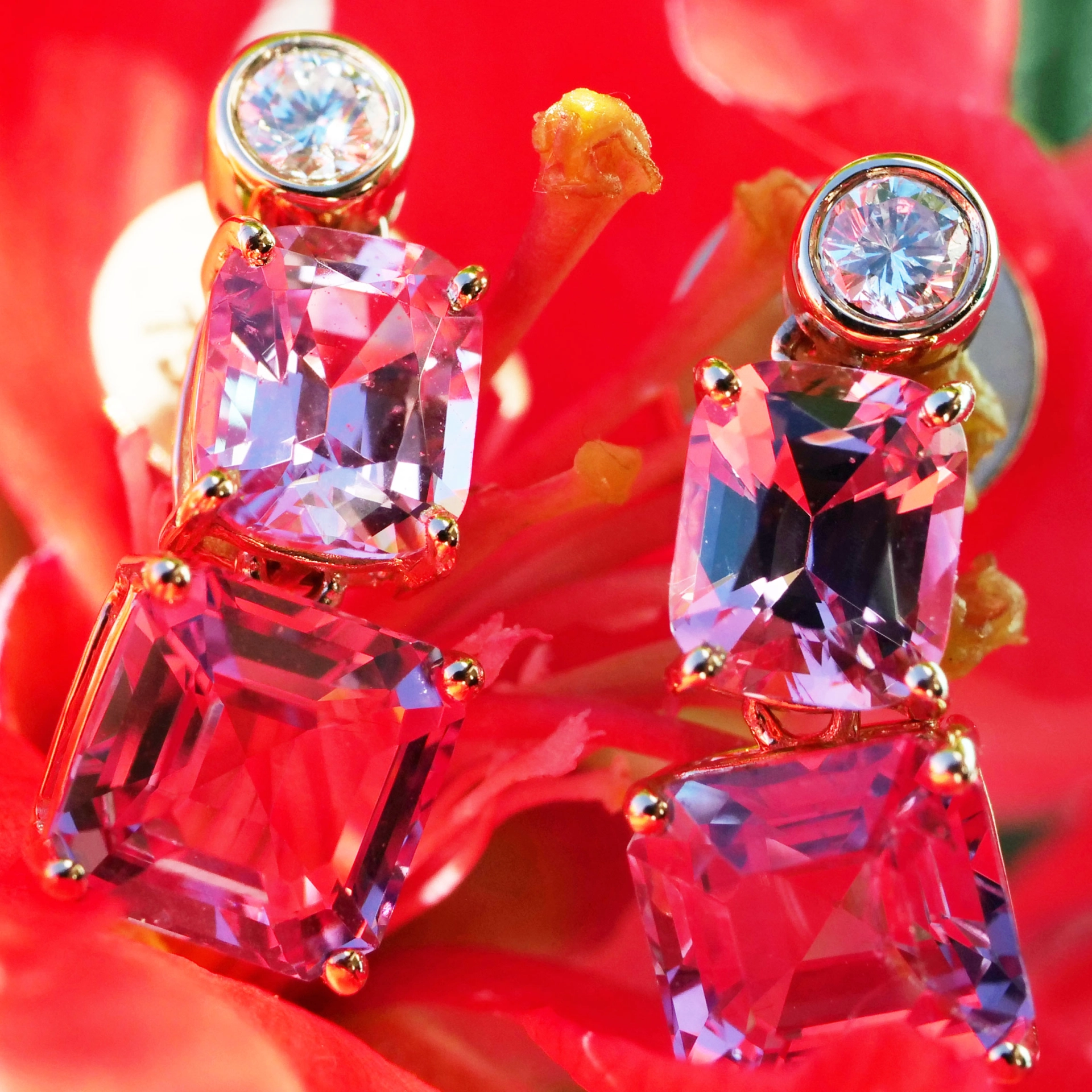 Spinell Brillant Ohrstecker Burma AAA lila pink AIG Expertise grazil und fein in 750er Rosegold
