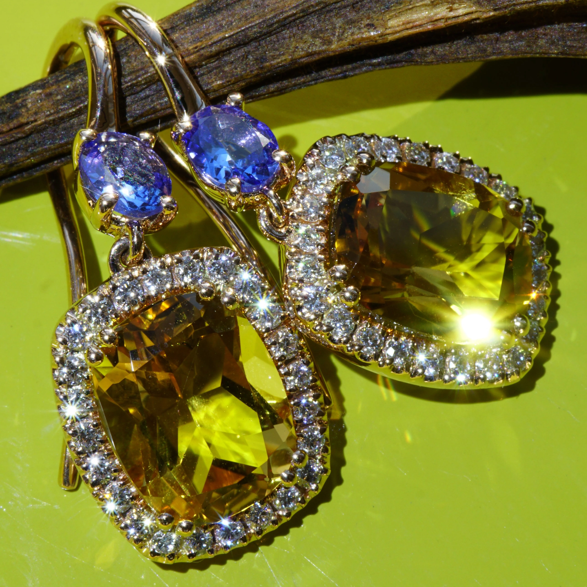 Tanzanite Citrine Earring with Brilliants 18 kt Rose Gold....High Quality Jewellery