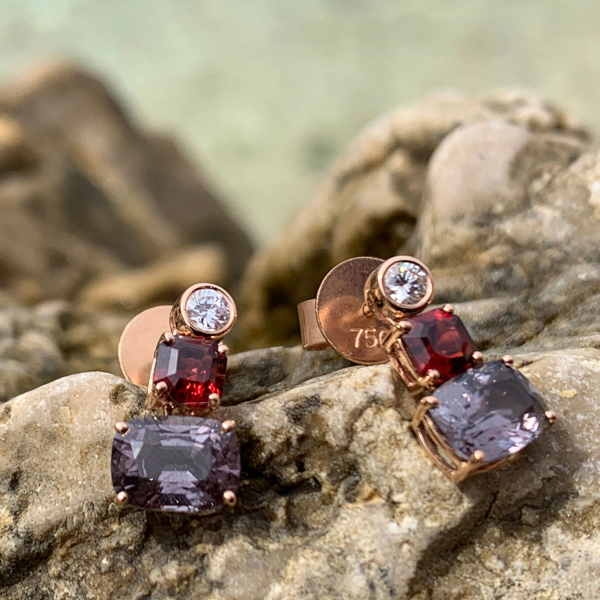 Spinel Diamond Earrings from Burma...Red and Grey-violet 18kt Rosegold
