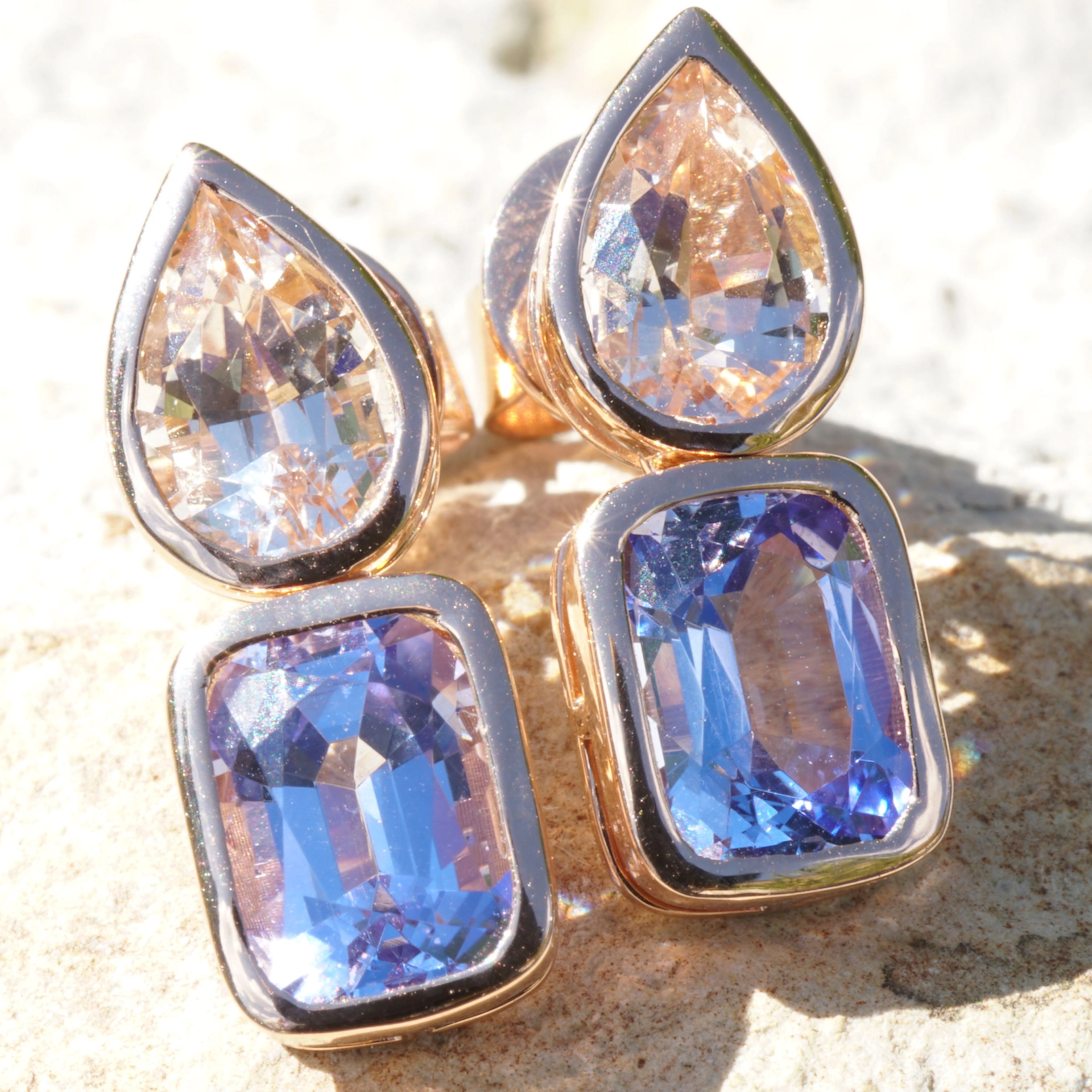 Madagascar meets Tanzania....here we combinated morganite and tansanite, not often seen