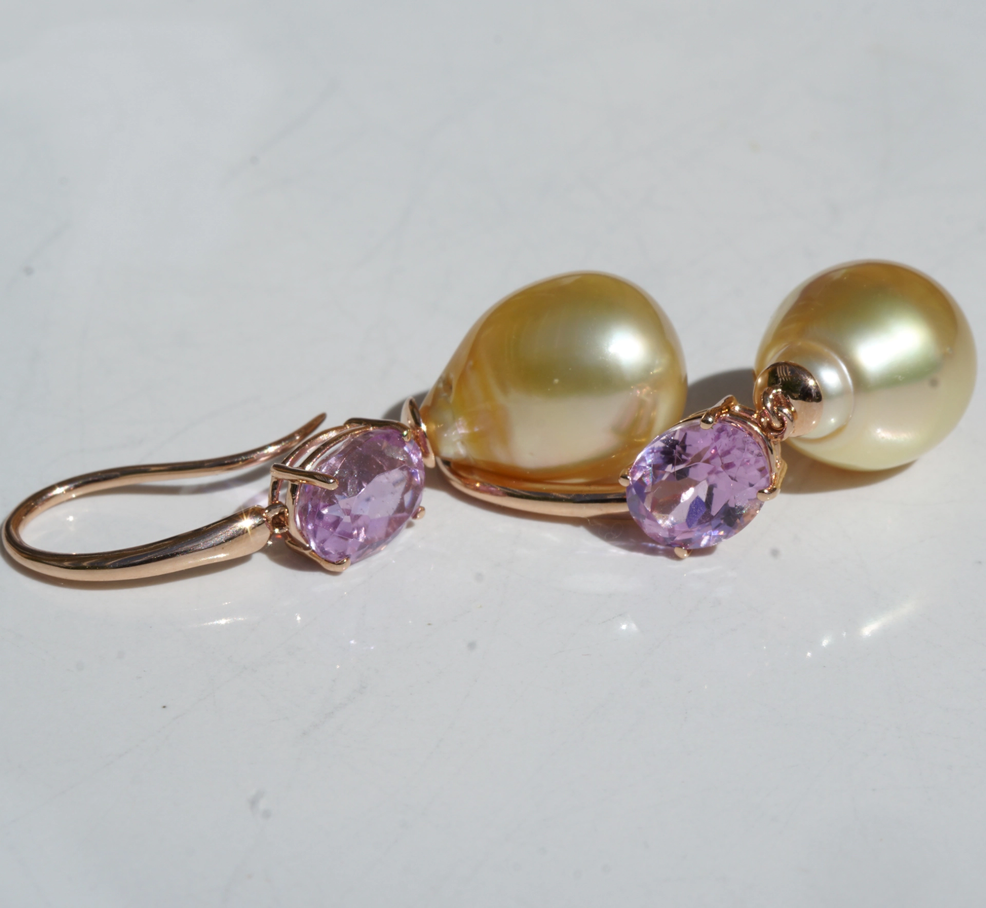 Kunzit Südsee Zuchtperl Ohrhänger AAA Lüster top 750er Rosegold ... es weht ein Frühlingsduft