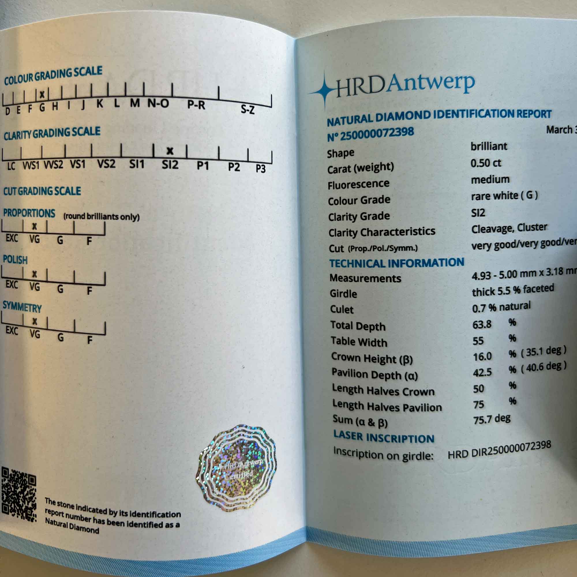 Brilliant Ring 0.59 ct G SI2 SEMI-CARAT by Silhouette Bentner HRD Certificate 950 Platinum